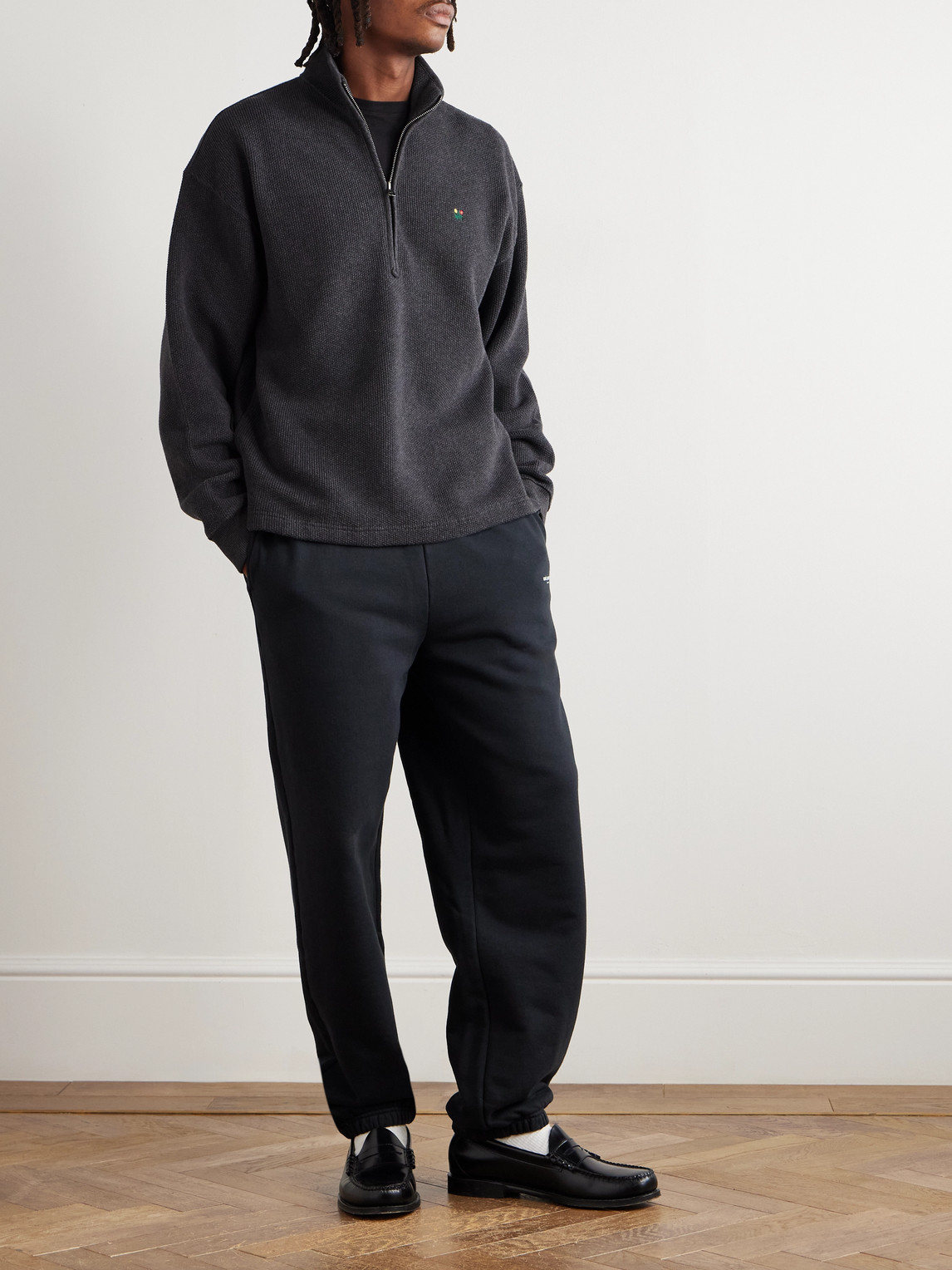 Aimé Leon Dore Embroidered Ribbed Cotton Half-zip Sweater In Gray