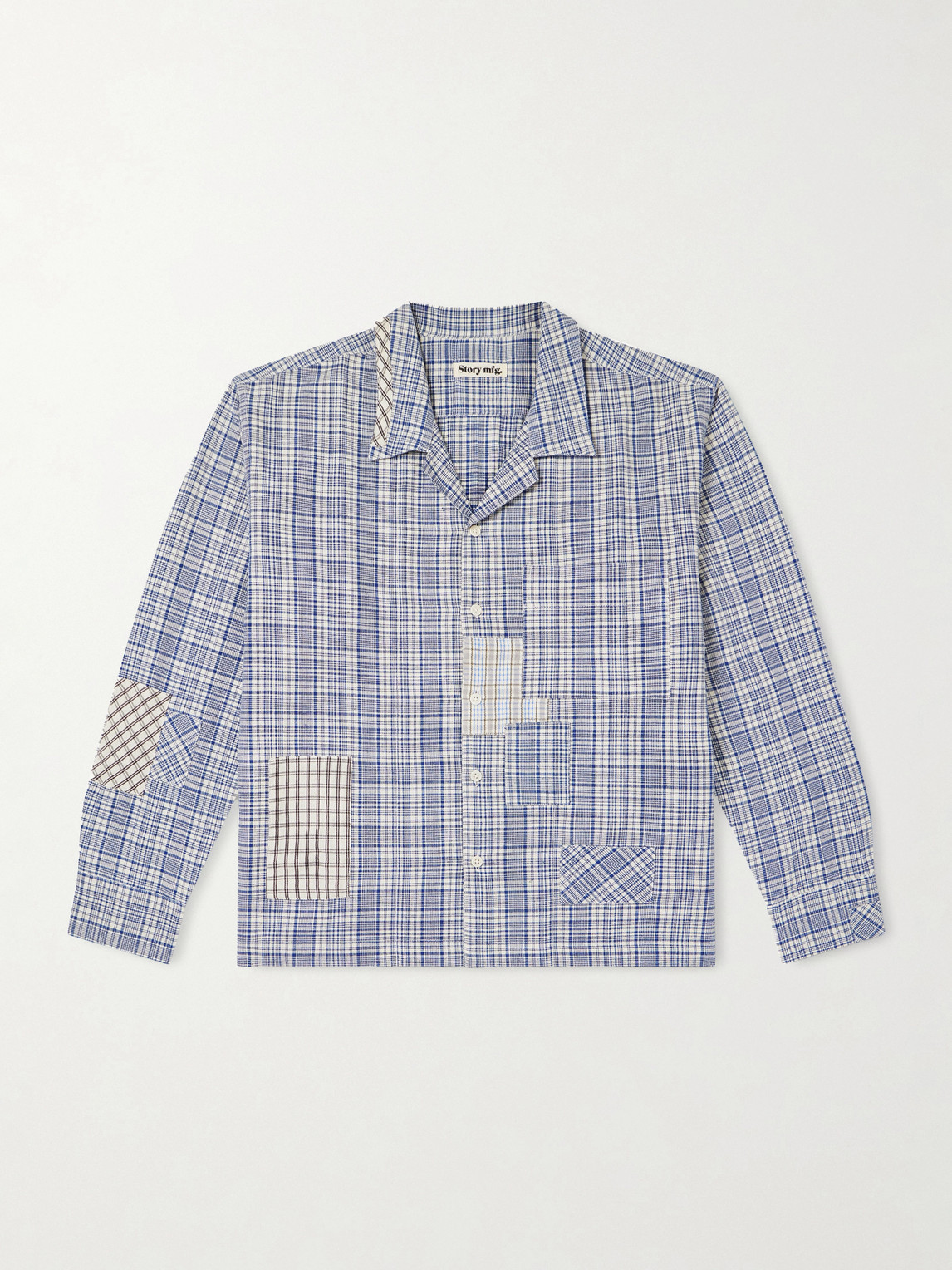 Story Mfg. Greetings Camp-Collar Patchwork Checked Organic Cotton Shirten