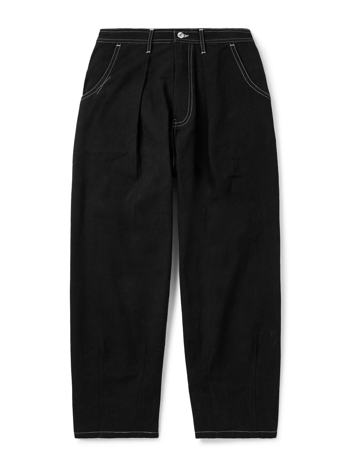 Story Mfg. Wonky-wear Lush Wide-leg Cropped Pleated Organic Cotton-canvas Trousers In Black