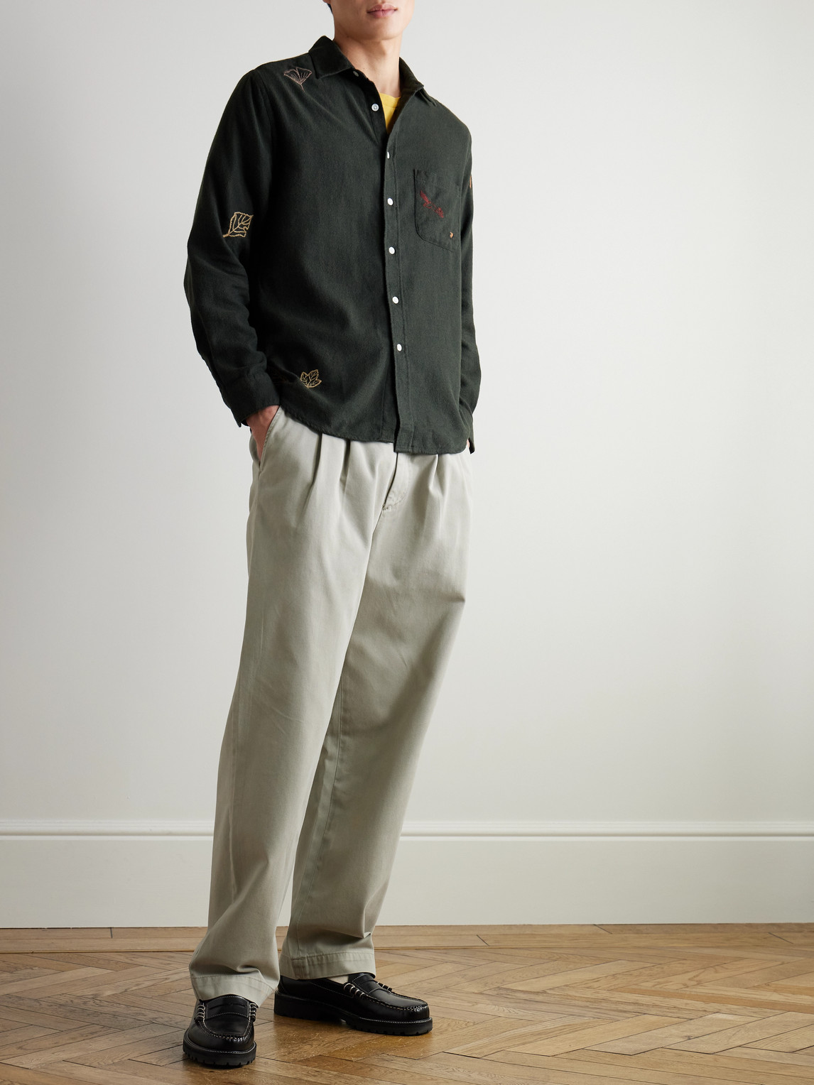 Fall Leaves Embroidered Cotton-Flannel Shirt