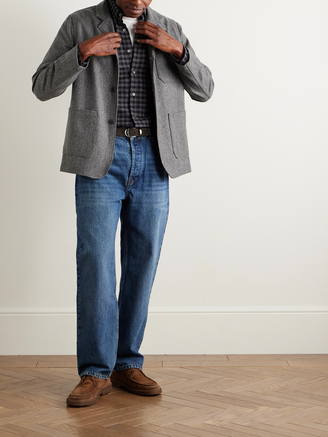 Portuguese Flannel Unstructured Wool Suit Jacket In Gray