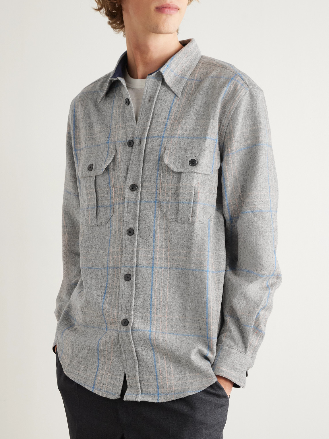 Portuguese Flannel Fixon Checked Wool Overshirt In Gray