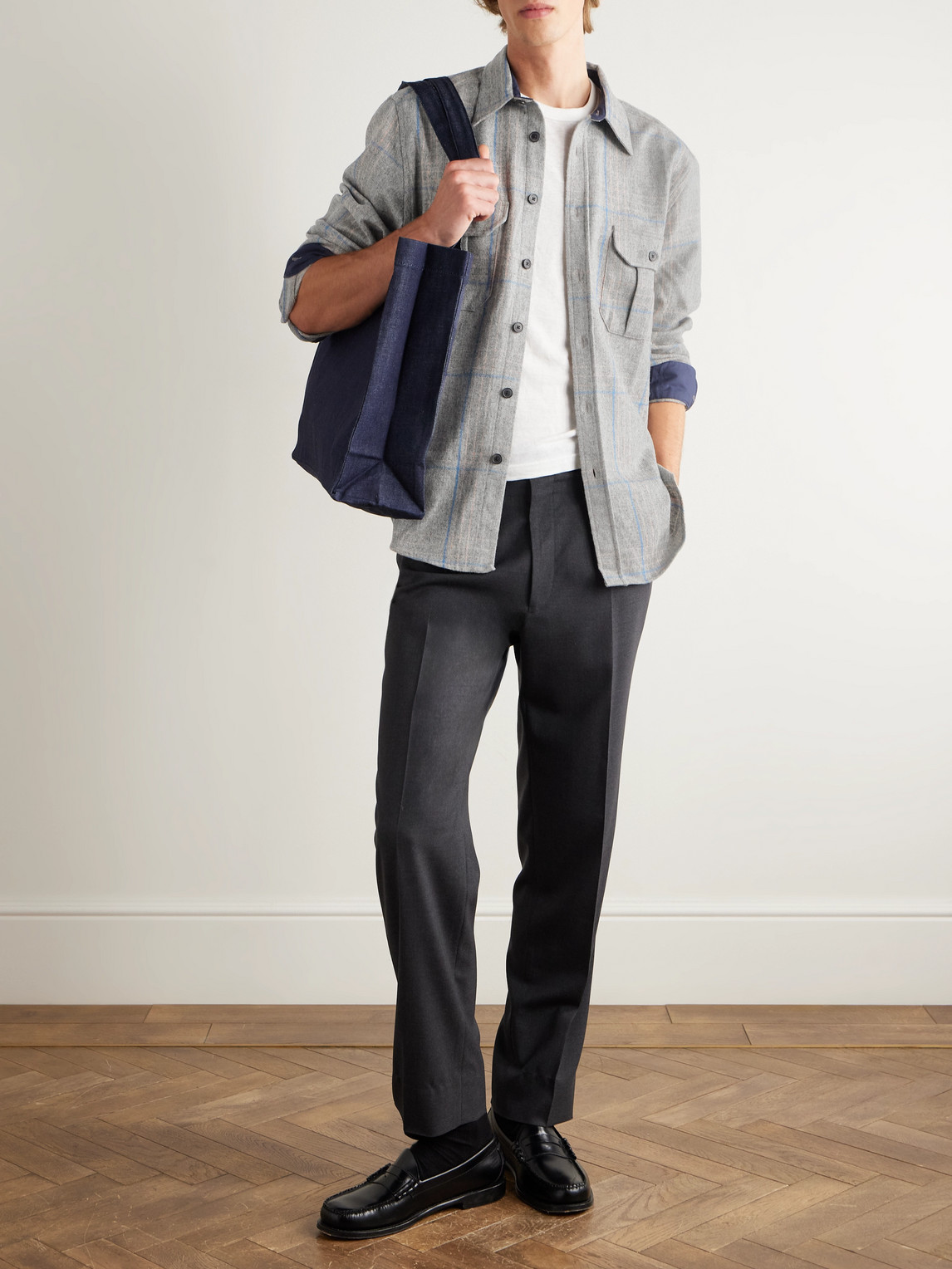 Portuguese Flannel Fixon Checked Wool Overshirt In Gray