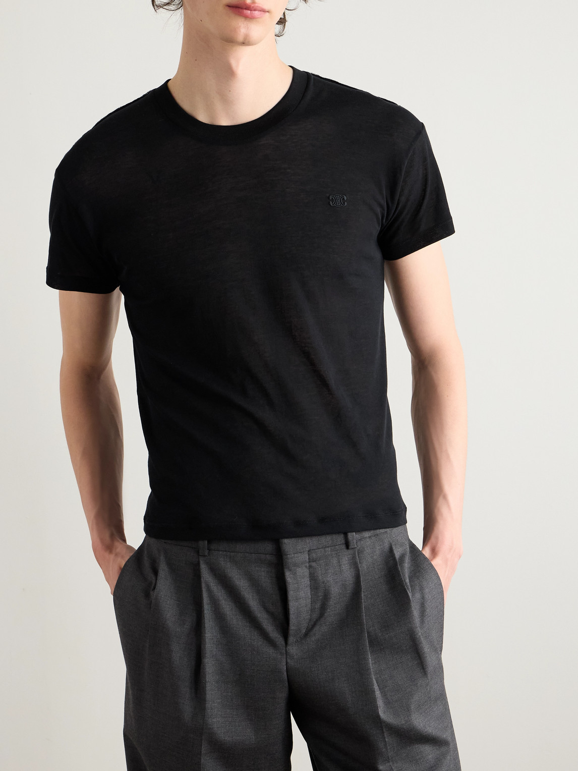 Celine Slim-fit Logo-embroidered Cotton-jersey T-shirt In Black