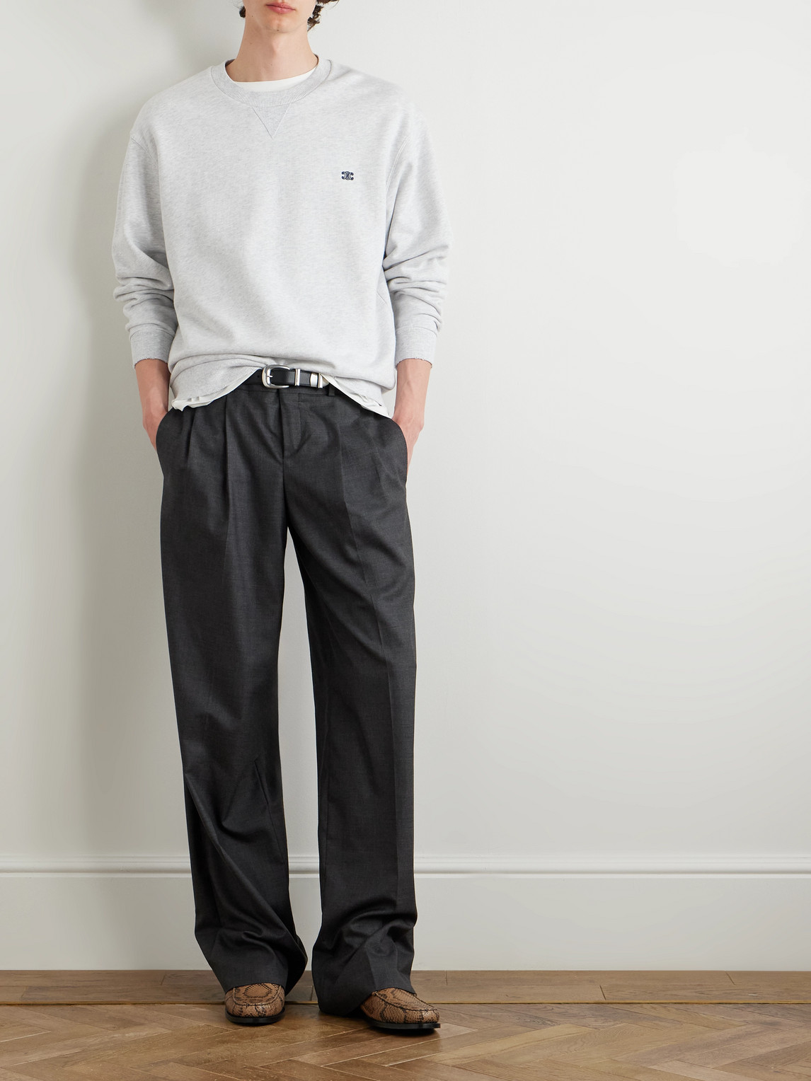 Celine Logo-embroidered Cotton-jersey Sweatshirt In Gray