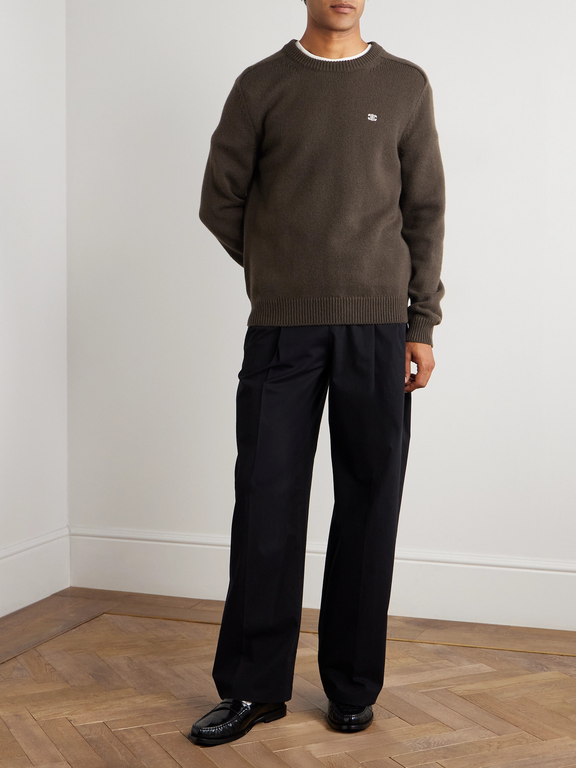 Celine Logo-embroidered Wool And Cashmere-blend Sweater In Brown