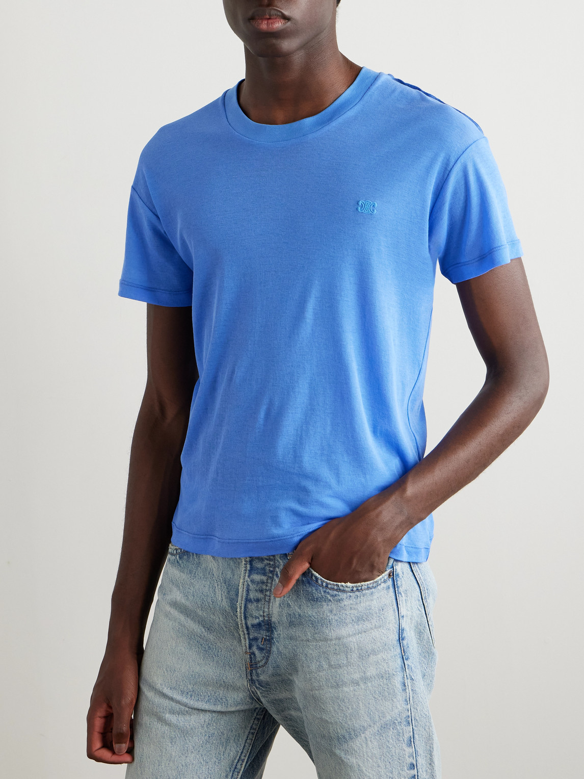 Celine Slim-fit Logo-embroidered Cotton-jersey T-shirt In Blue
