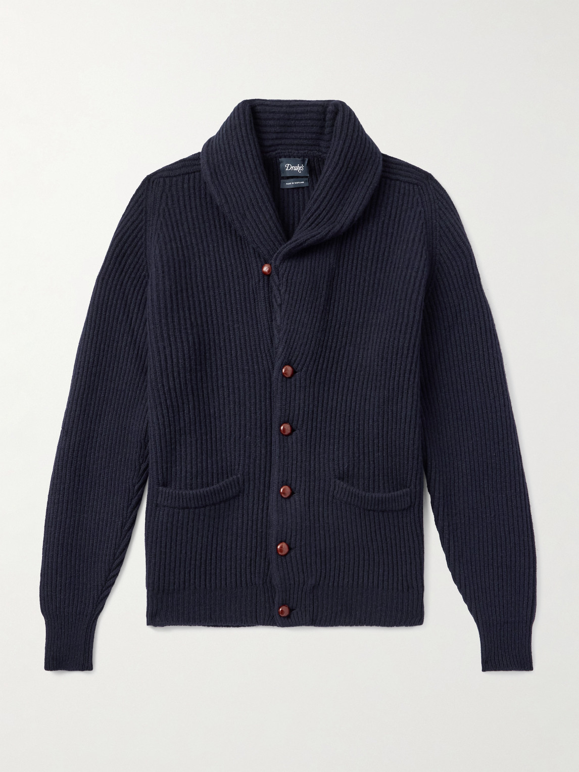 Drake's Shawl-collar Ribbed Wool Cardigan In Blue