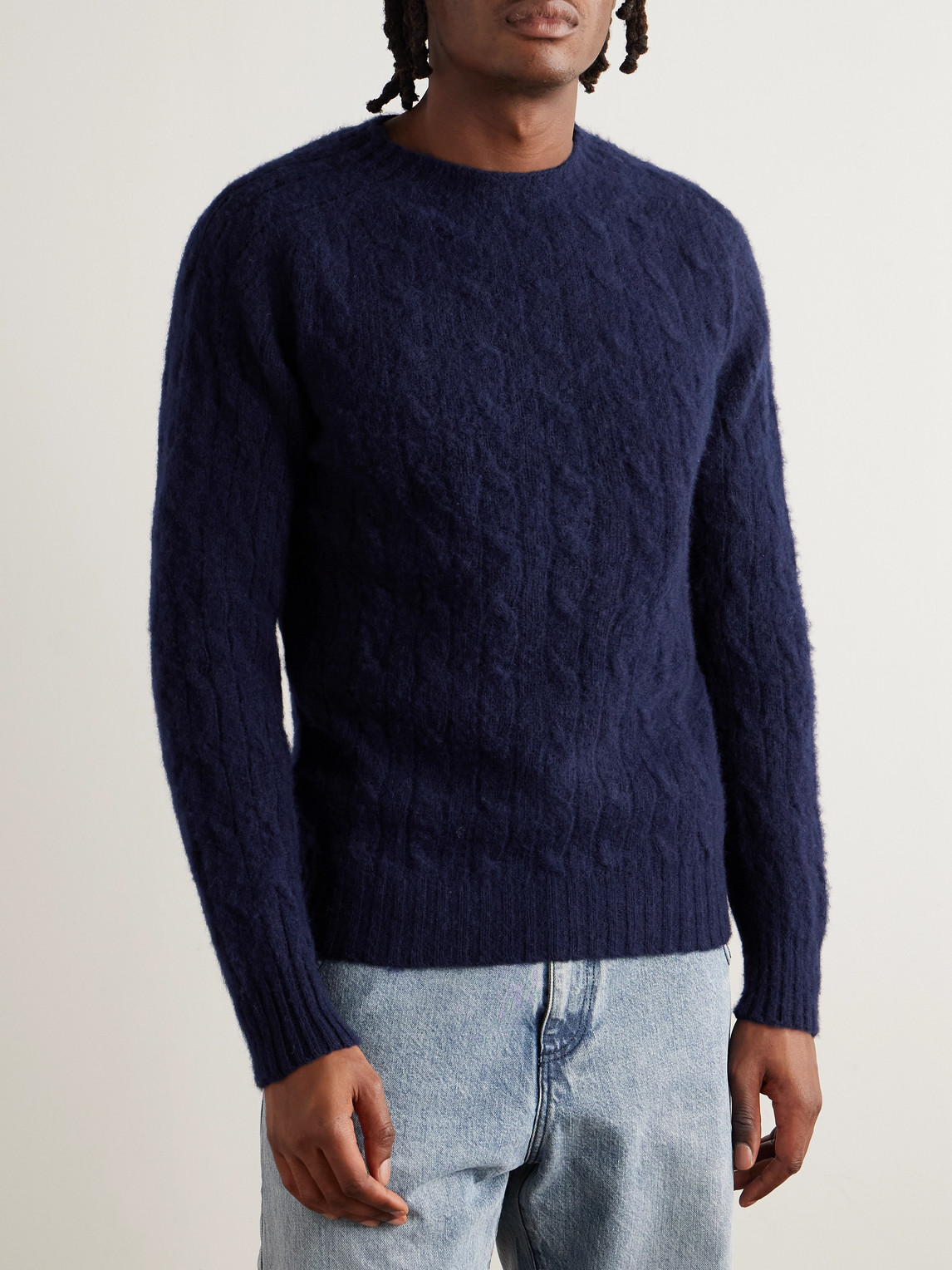  Drake's - Cable-knit Brushed Shetland Wool Sweater - Men - Blue - M 