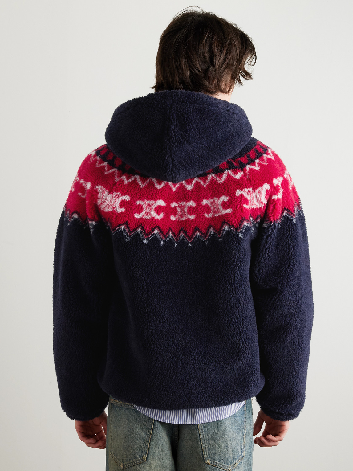 Celine Men Fair Isle Triomphe Brushed Fabric Hooded Jacket In Blue
