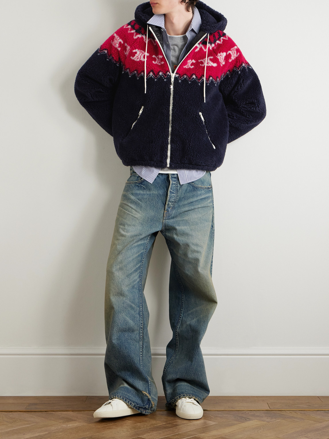 Celine Men Fair Isle Triomphe Brushed Fabric Hooded Jacket In Blue