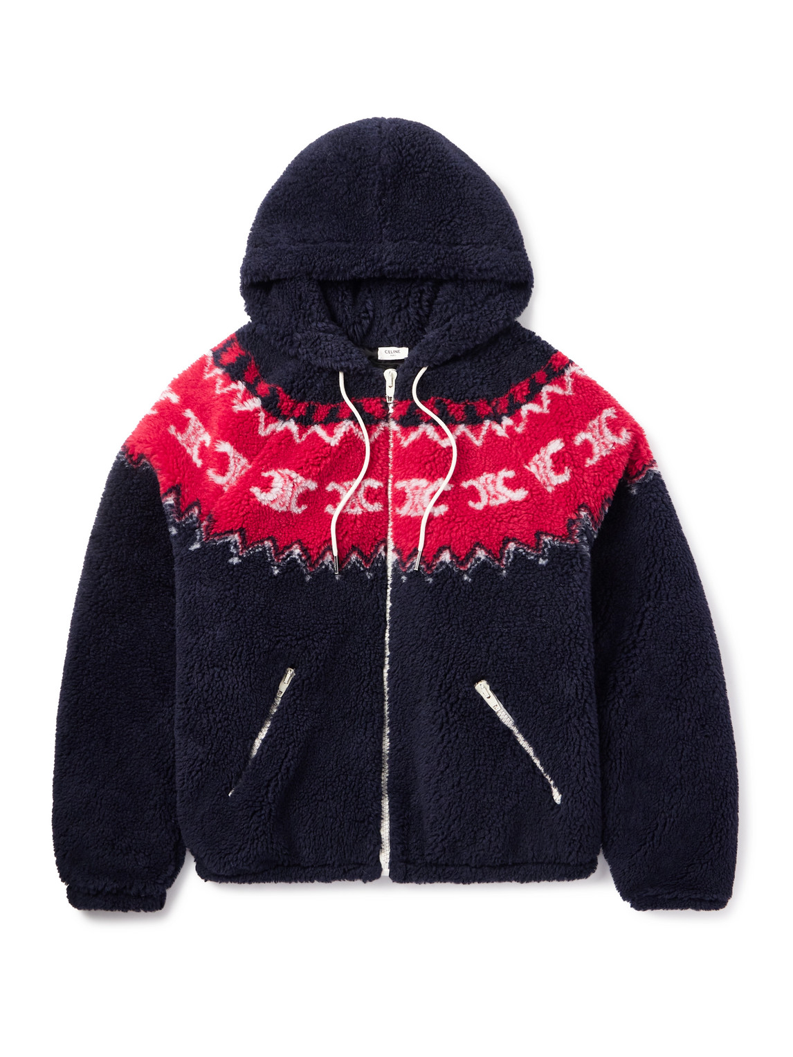 Celine Men Fair Isle Triomphe Brushed Fabric Hooded Jacket In Blue