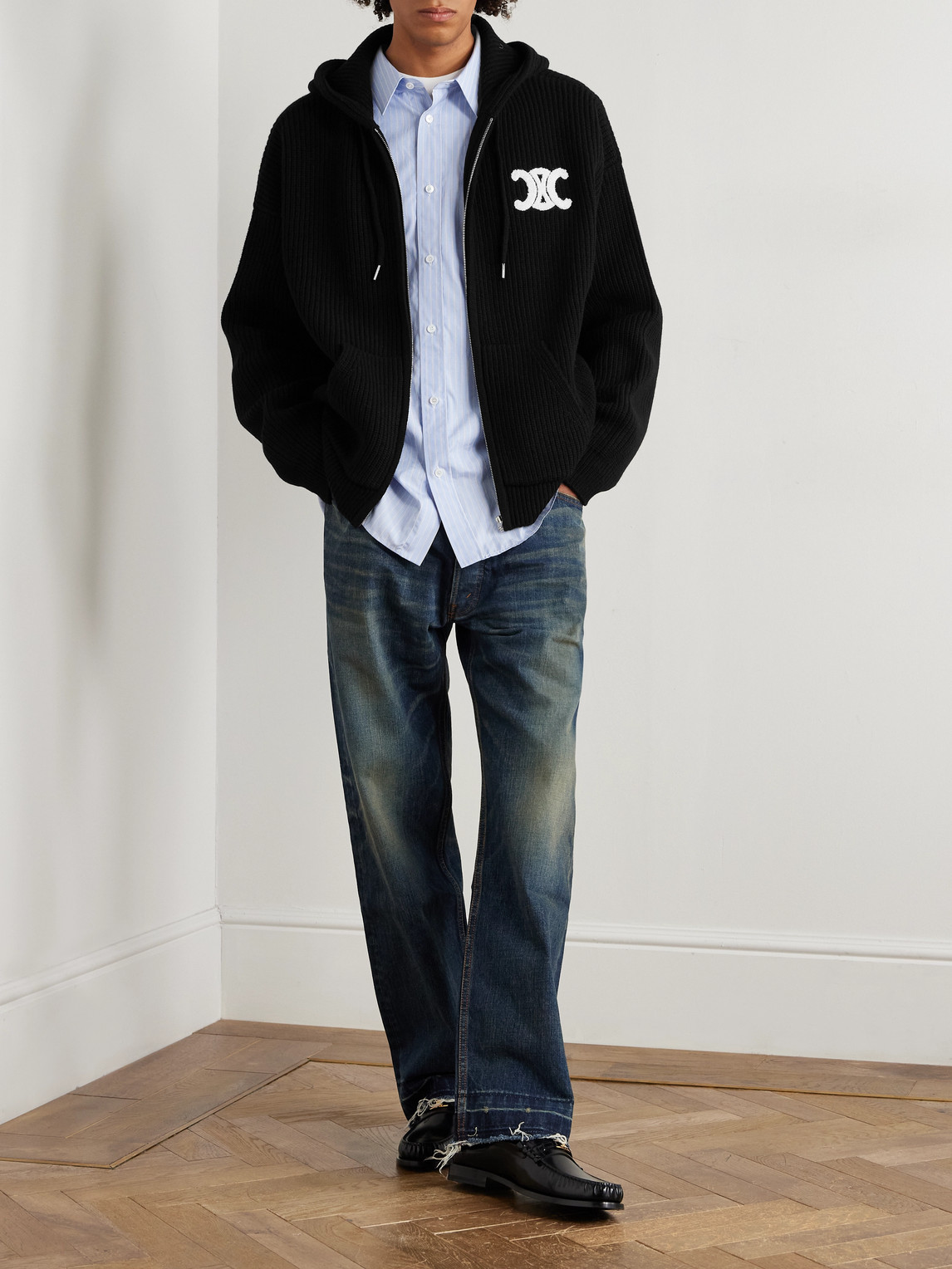 Celine Logo-appliquéd Wool Jacket In Blue