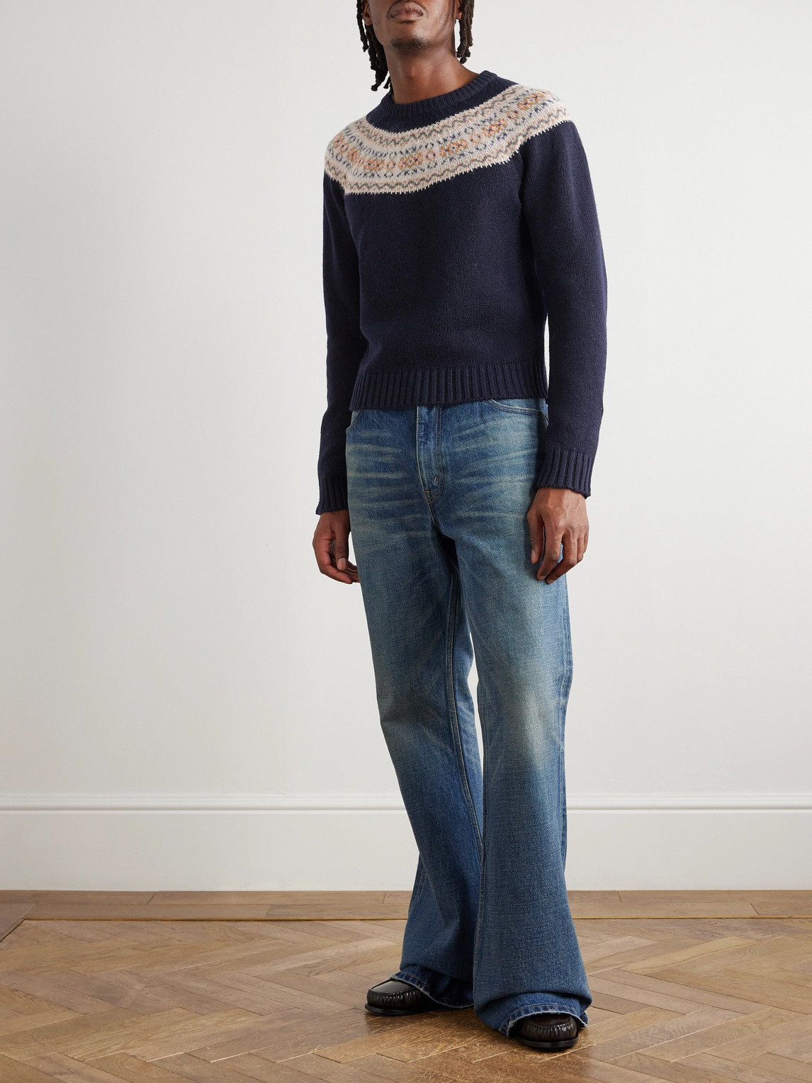 Celine Crewneck Sweater In Triomphe Fair Isle Wool In Blue
