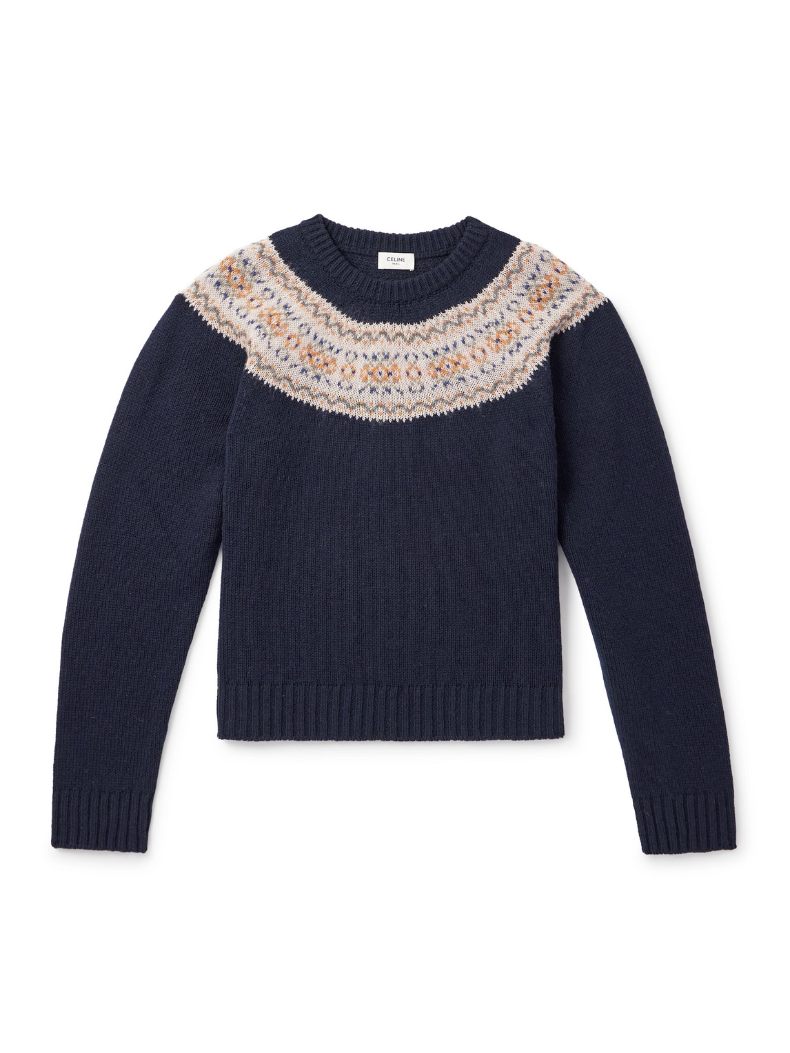 Celine Crewneck Sweater In Triomphe Fair Isle Wool In Blue