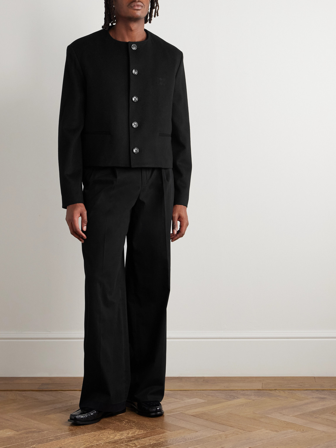 Celine Cropped Logo-embroidered Wool-felt Jacket In Black