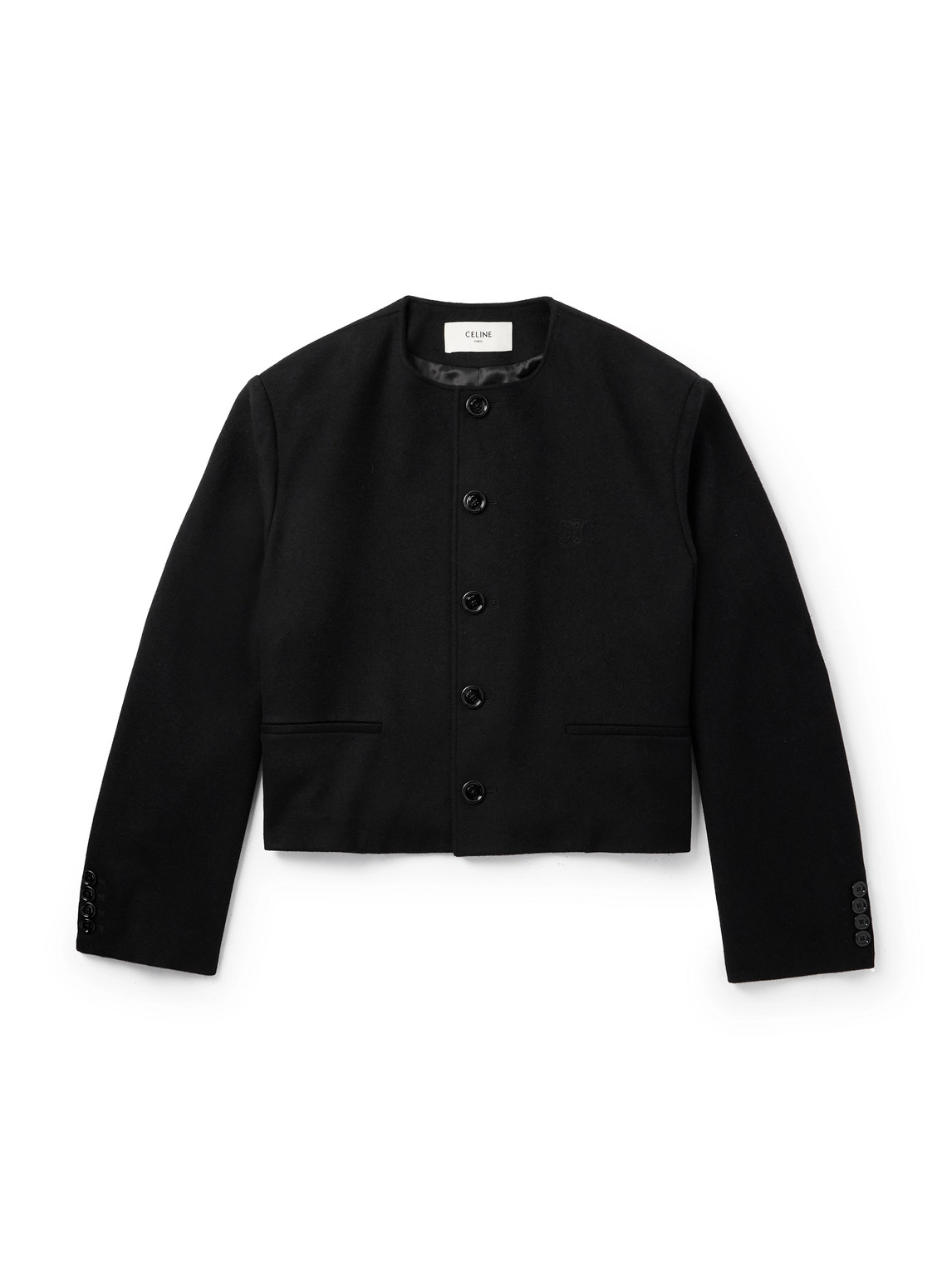 Celine Cropped Logo-embroidered Wool-felt Jacket In Black