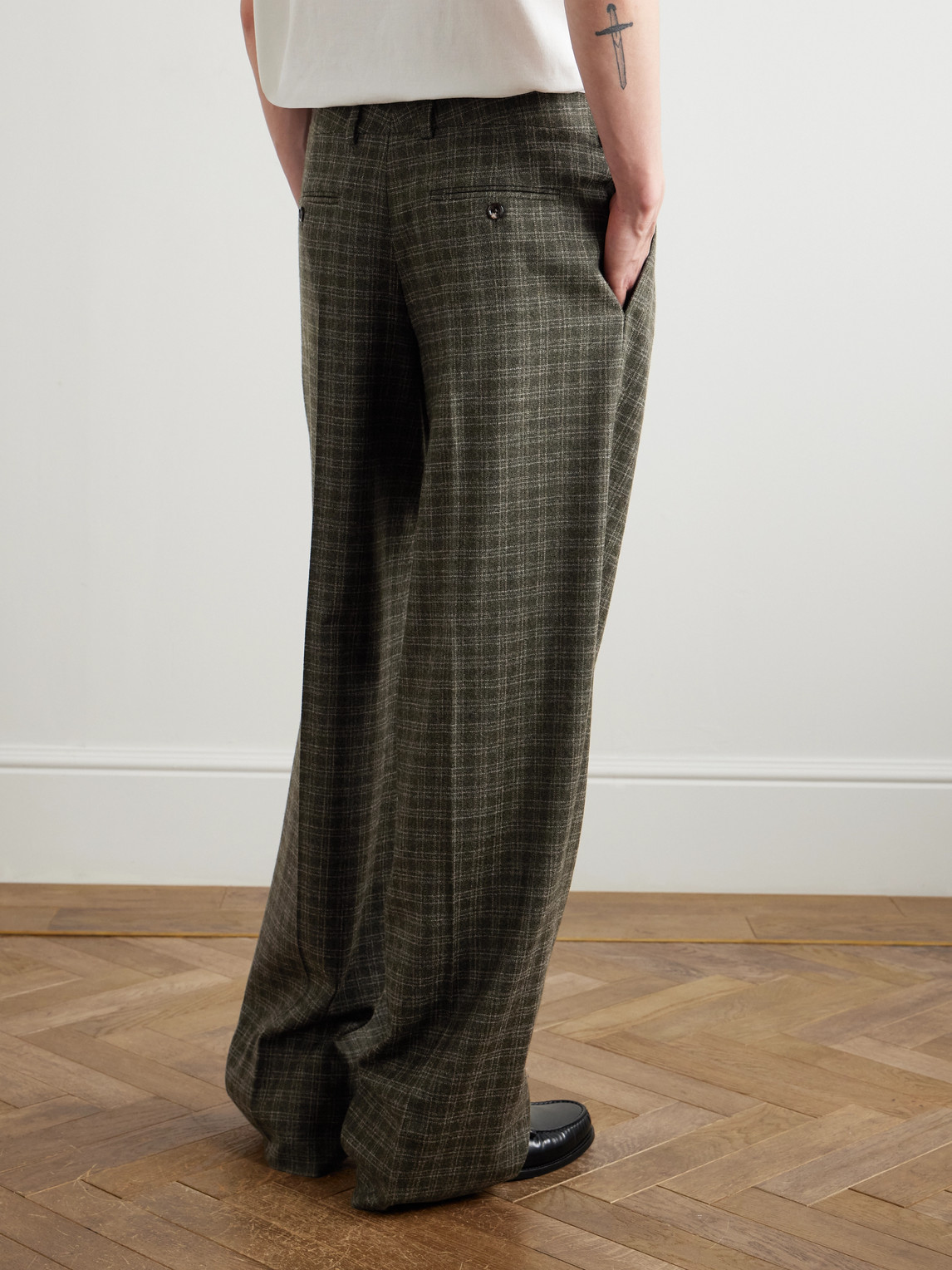 Celine Wide-leg Pleated Checked Wool Trousers In Green