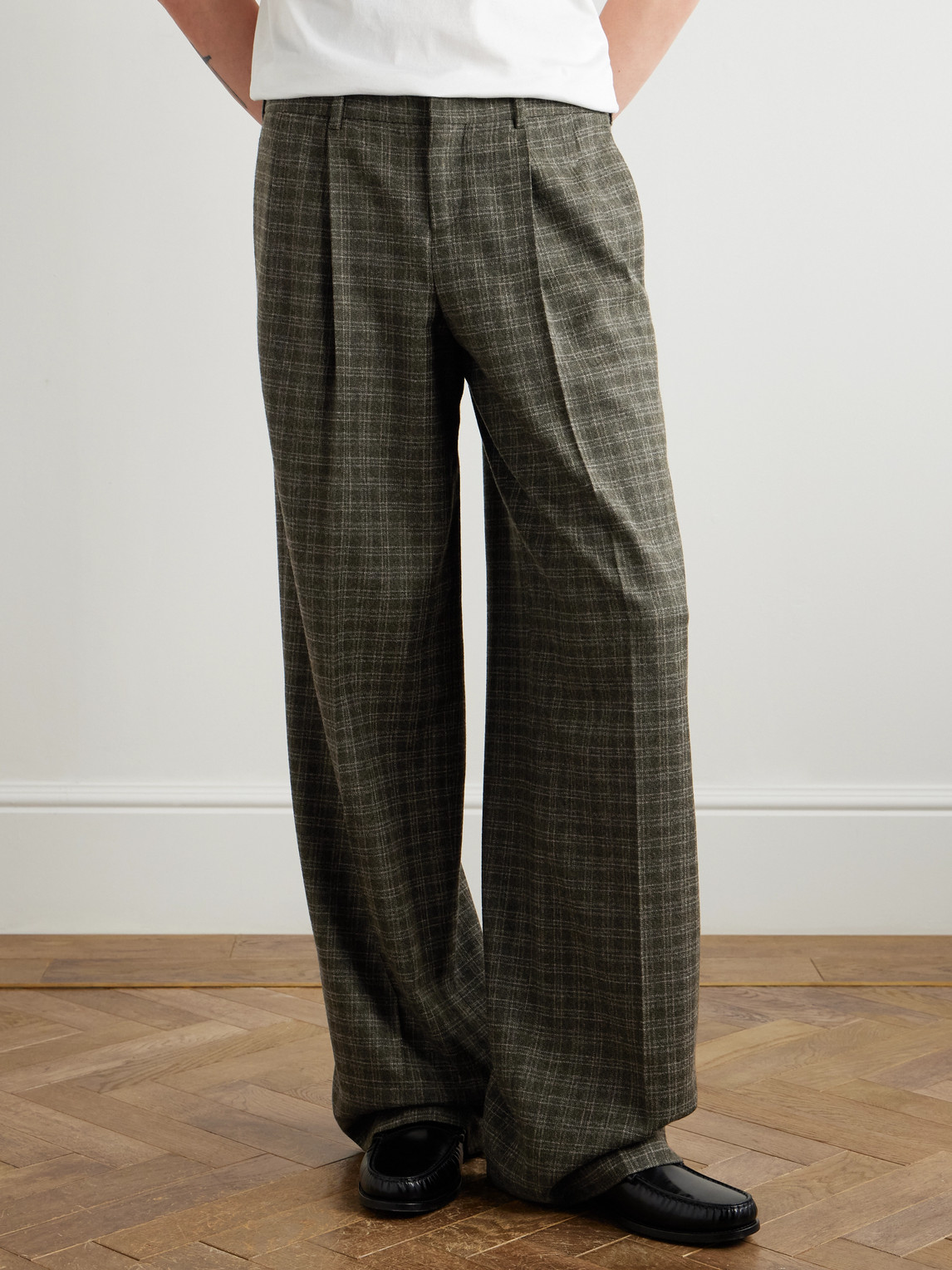 Celine Wide-leg Pleated Checked Wool Trousers In Green