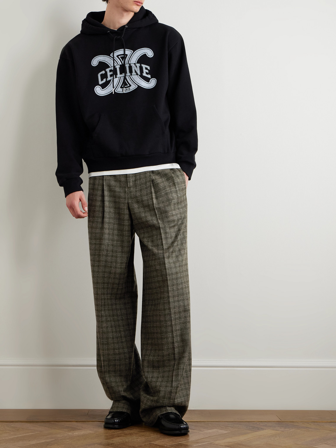 Celine Wide-leg Pleated Checked Wool Trousers In Green