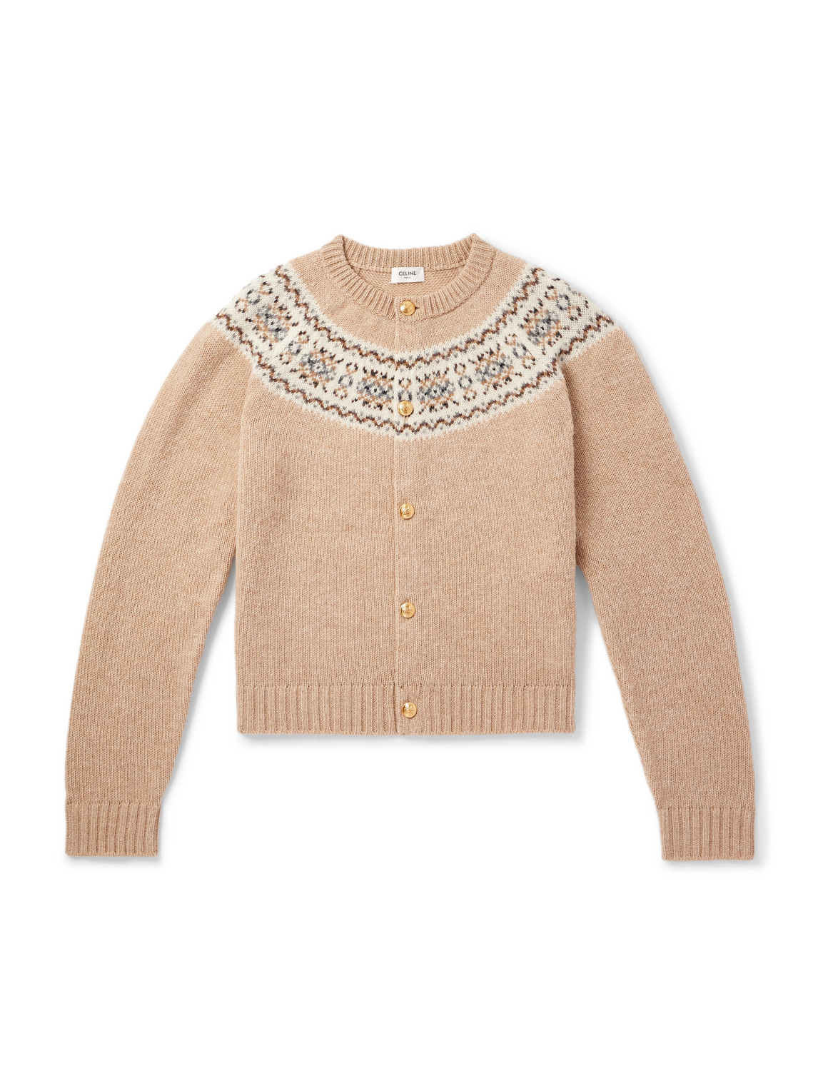 Celine Slim-fit Fair Isle Wool Cardigan In Brown