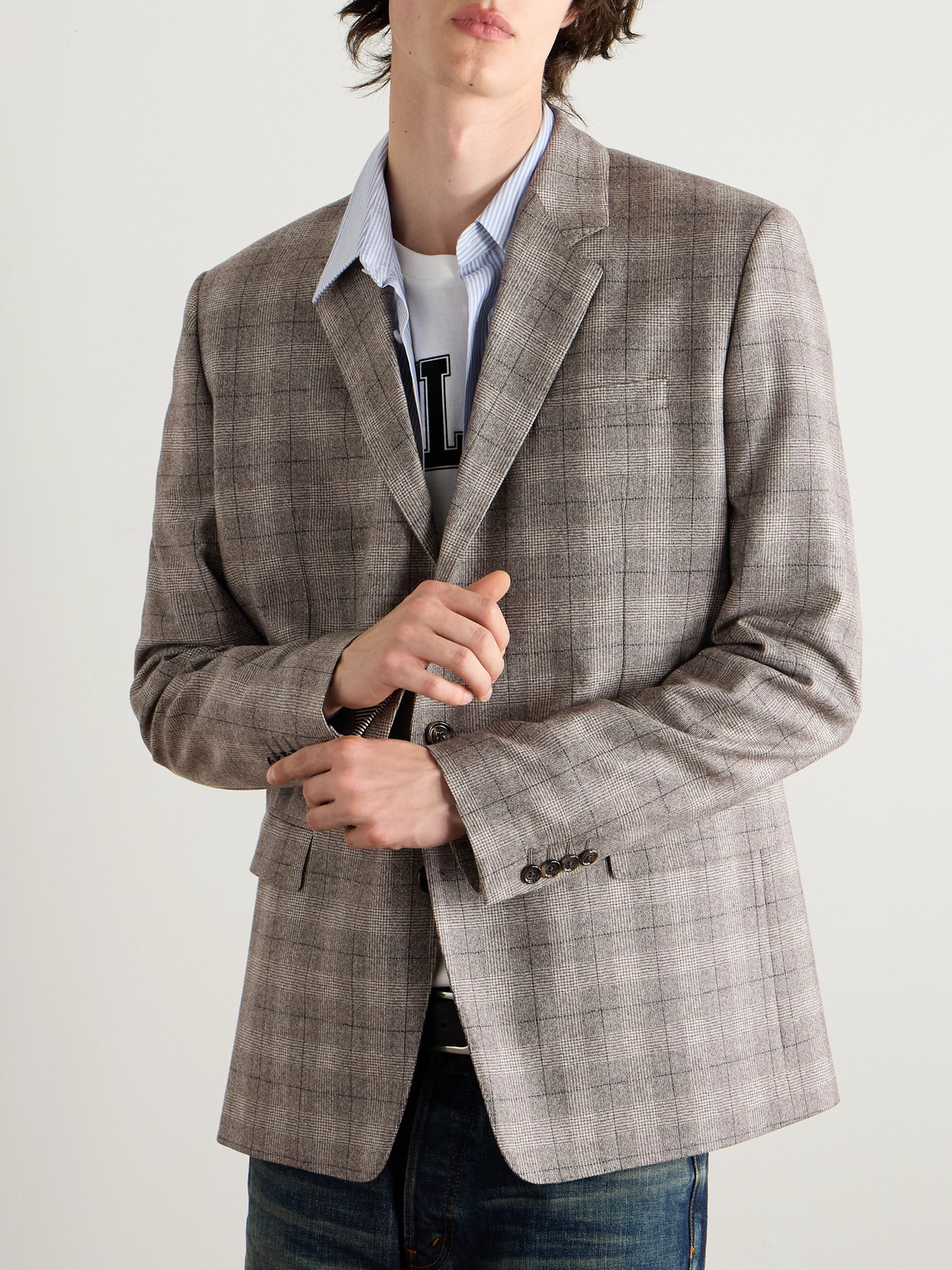 Celine Prince Of Wales Checked Wool And Cashmere-blend Blazer In Gray