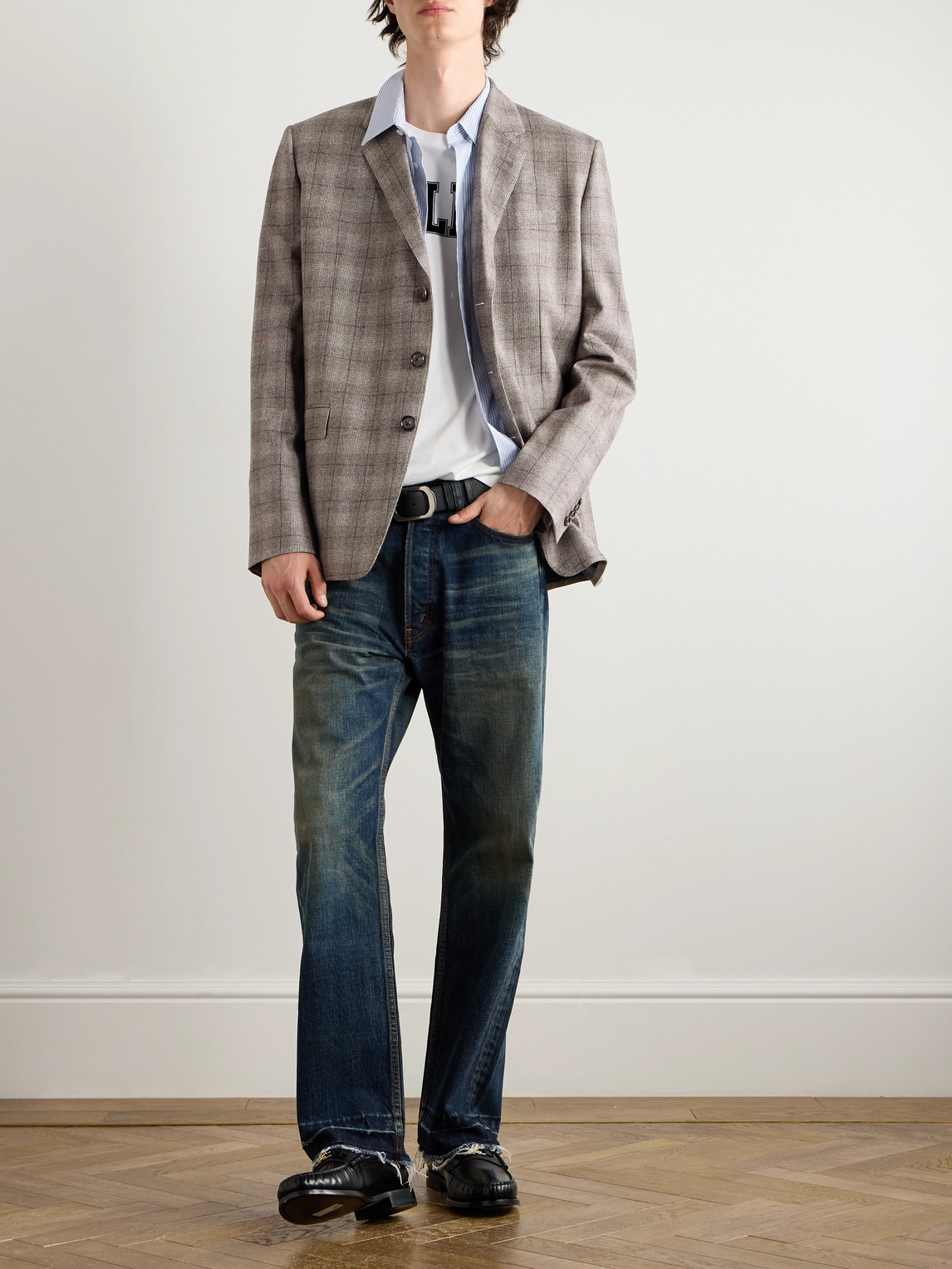 Celine Prince Of Wales Checked Wool And Cashmere-blend Blazer In Gray