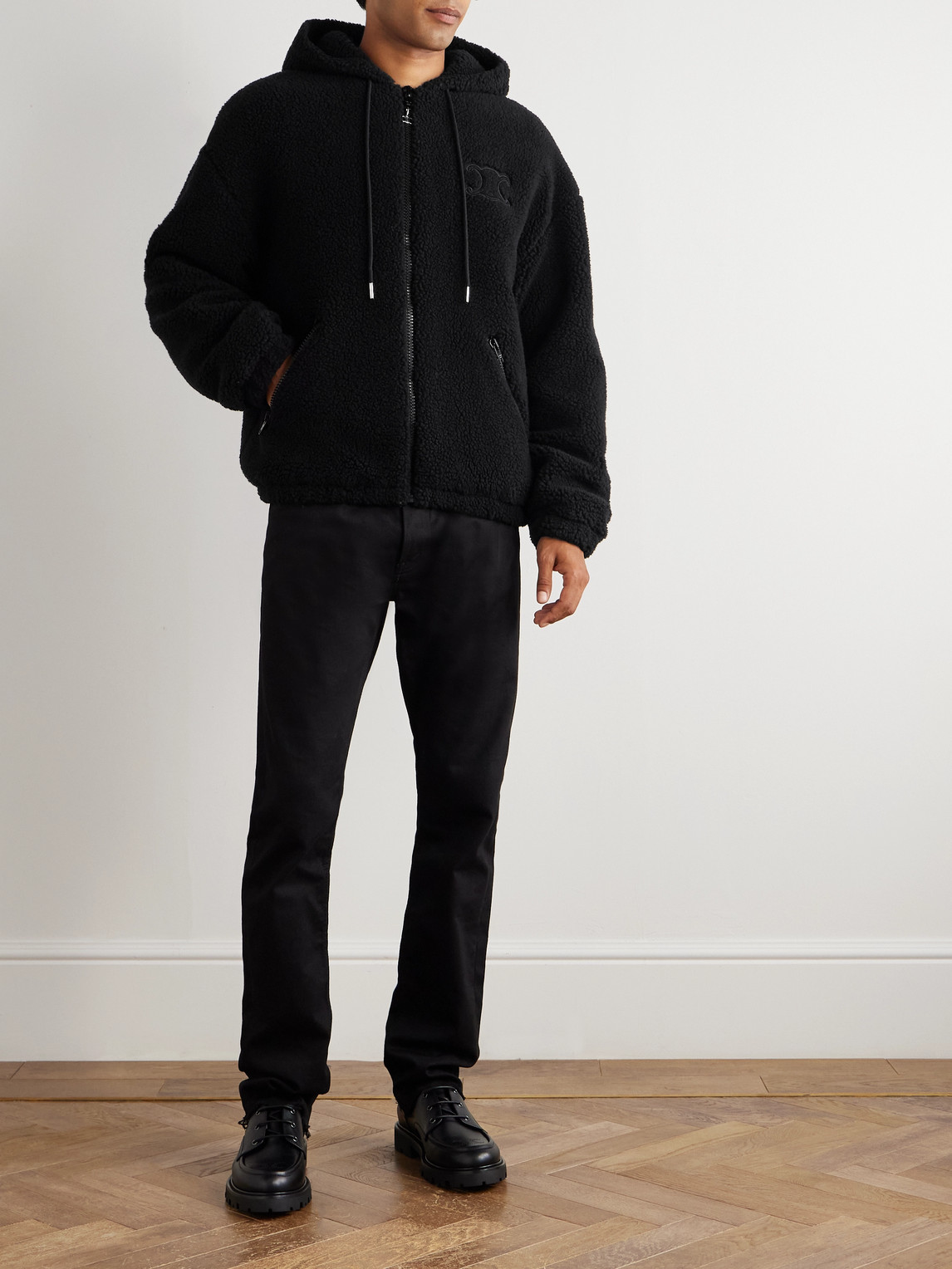 Celine Logo-embroidered Wool And Cotton-blend Fleece Hooded Jacket In Black