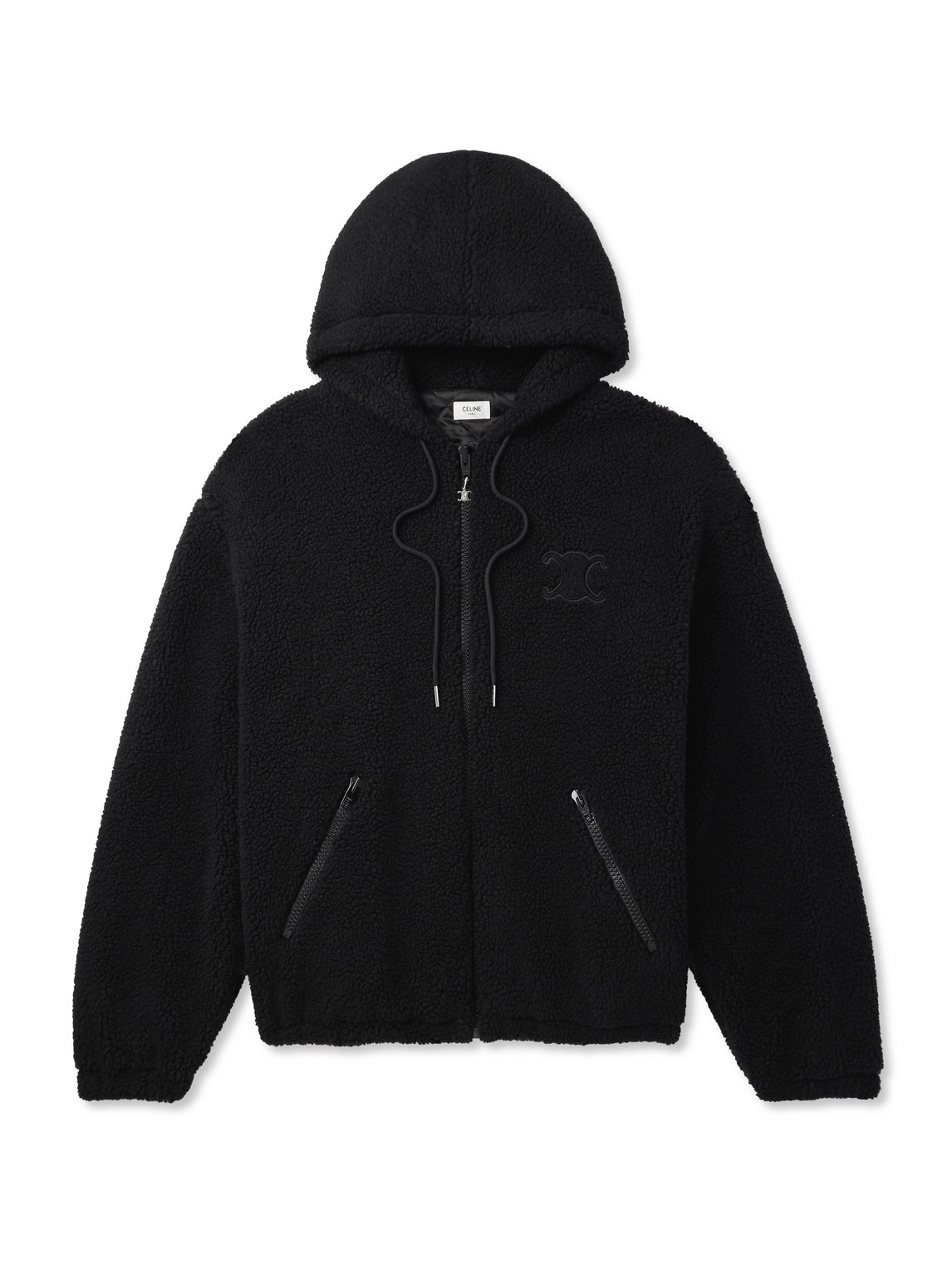 Celine Logo-embroidered Wool And Cotton-blend Fleece Hooded Jacket In Black