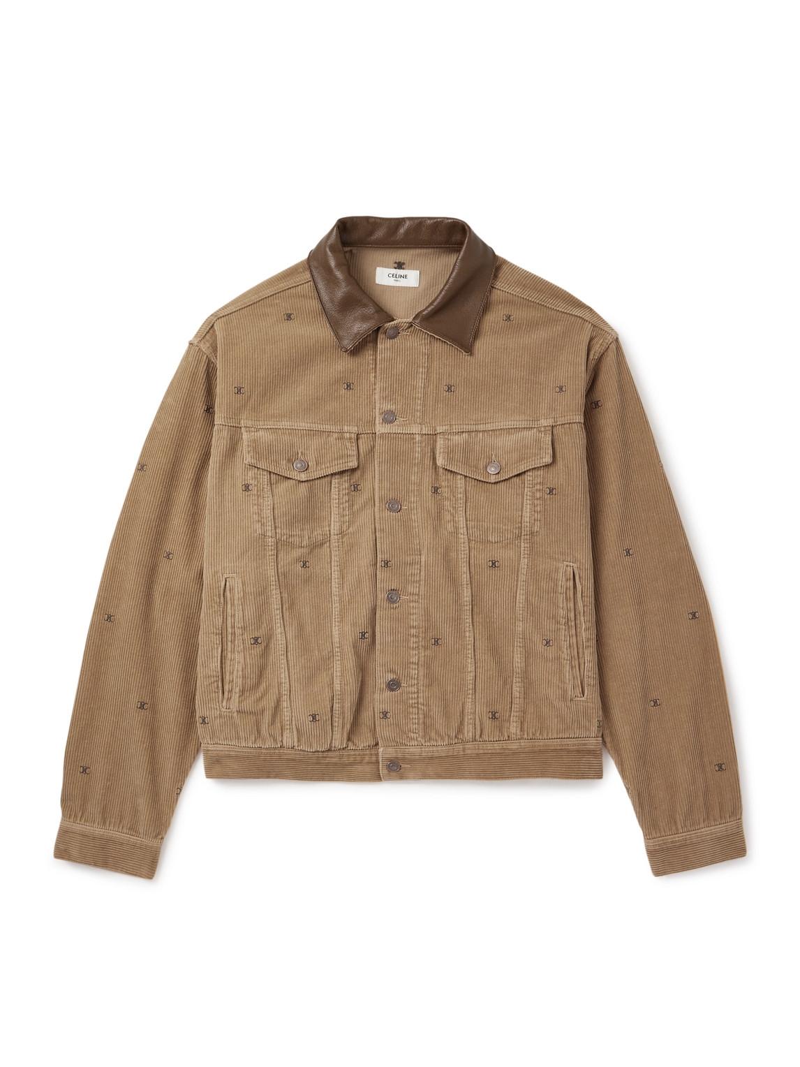 Celine Leather-trimmed Logo-embroidered Cotton-corduroy Trucker Jacket In Brown
