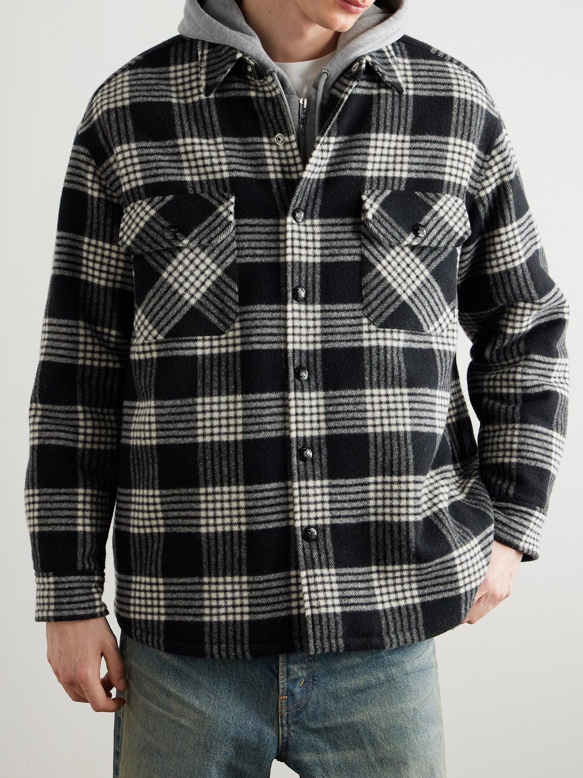 Celine Checked Wool-blend Overshirt In Black