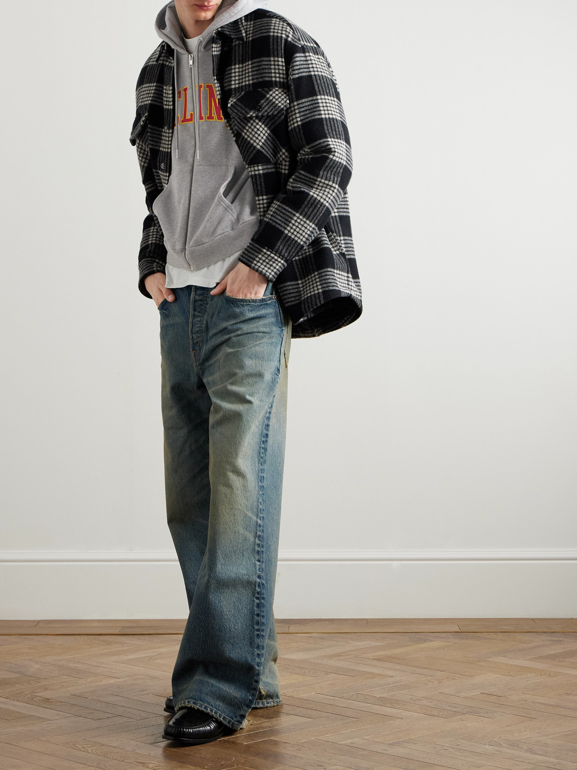 Celine Checked Wool-blend Overshirt In Black