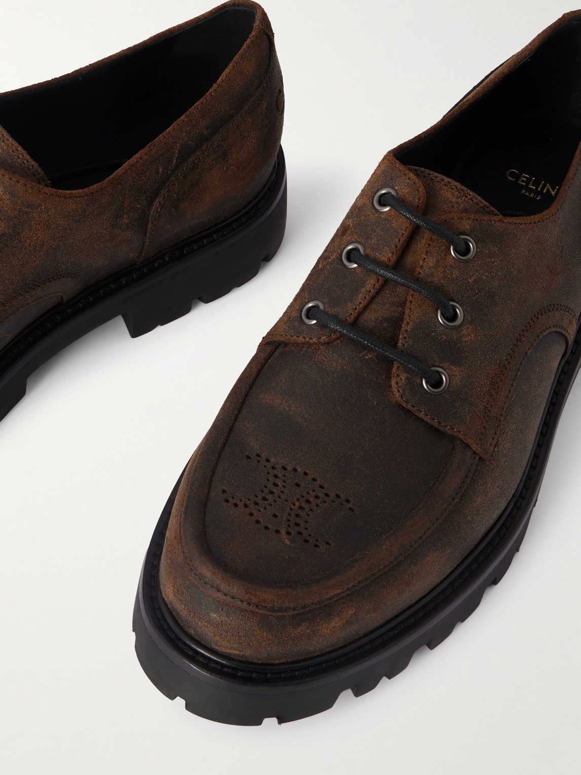 Celine Waxed-suede Derby Shoes In Brown