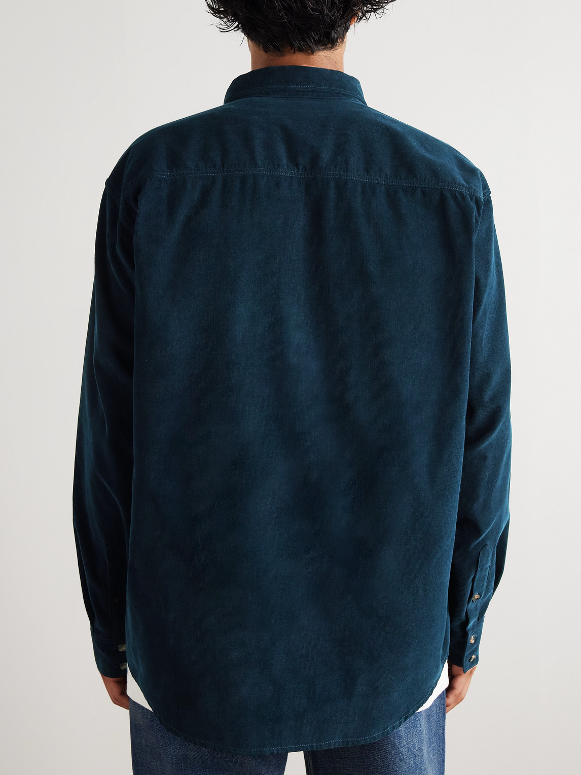 Celine Button-down Collar Logo-embroidered Cotton-corduroy Shirt In Blue