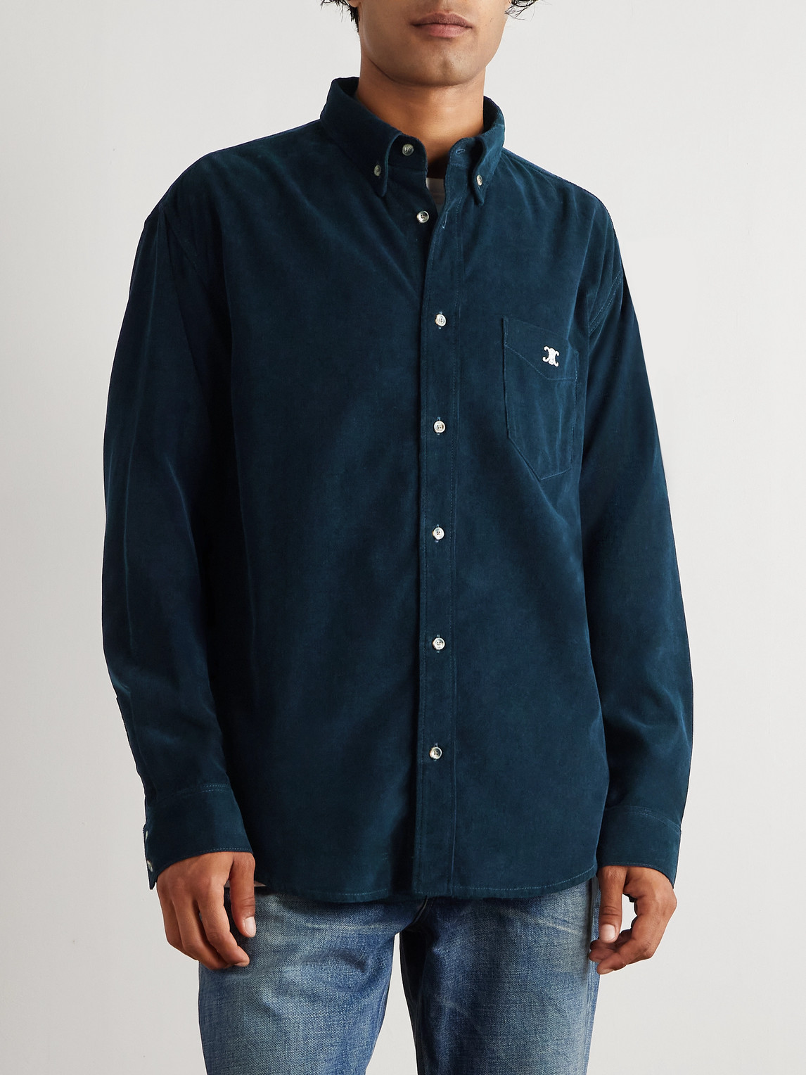 Celine Button-down Collar Logo-embroidered Cotton-corduroy Shirt In Blue