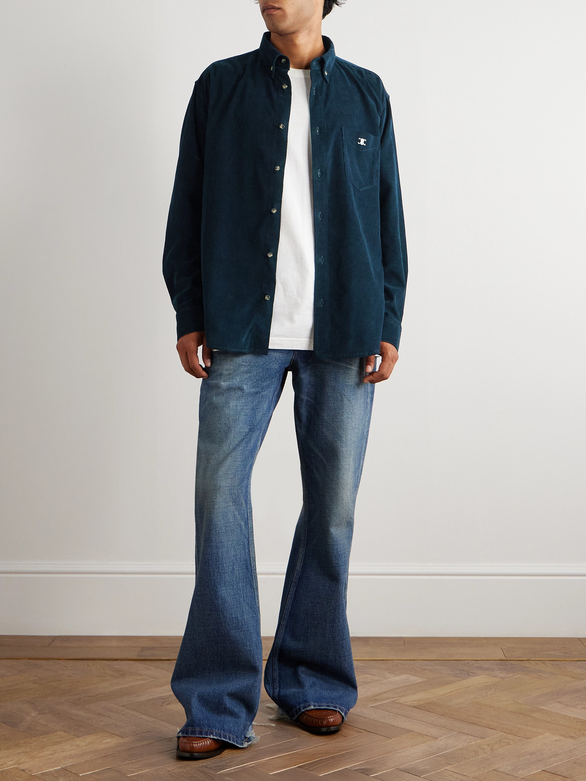 Celine Button-down Collar Logo-embroidered Cotton-corduroy Shirt In Blue
