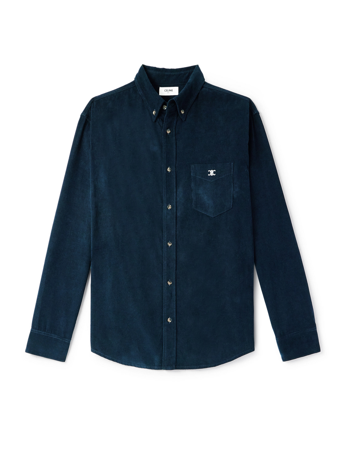 Celine Button-down Collar Logo-embroidered Cotton-corduroy Shirt In Blue