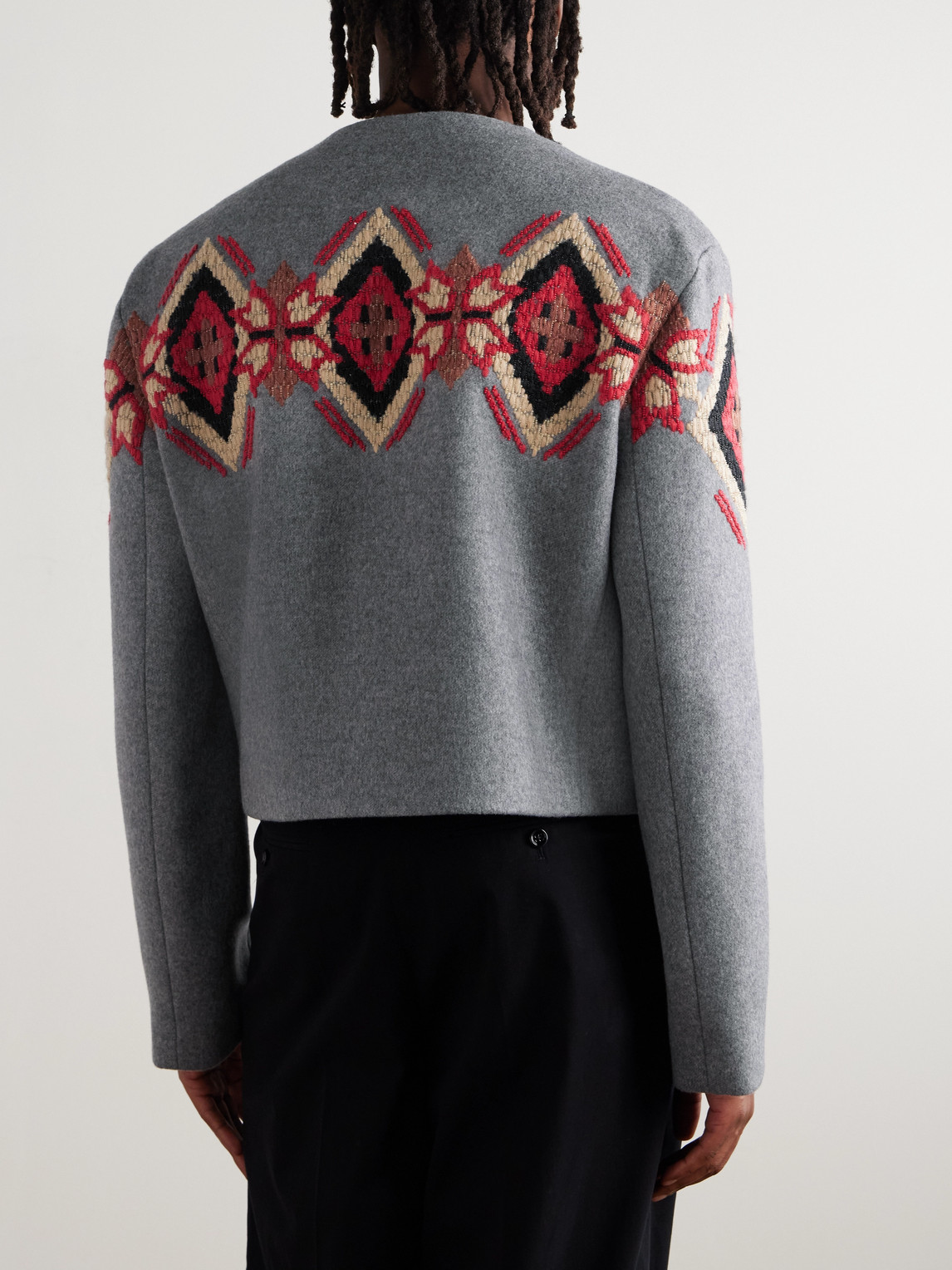 Celine Cropped Embroidered Bead-embellished Cashmere-twill Jacket In Gray