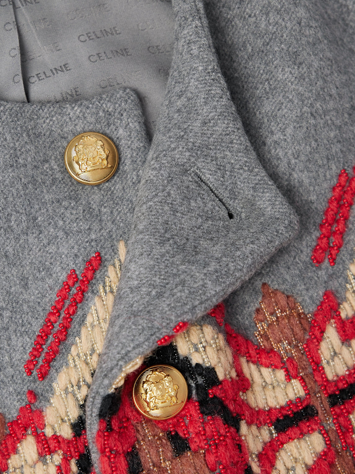 Celine Cropped Embroidered Bead-embellished Cashmere-twill Jacket In Gray