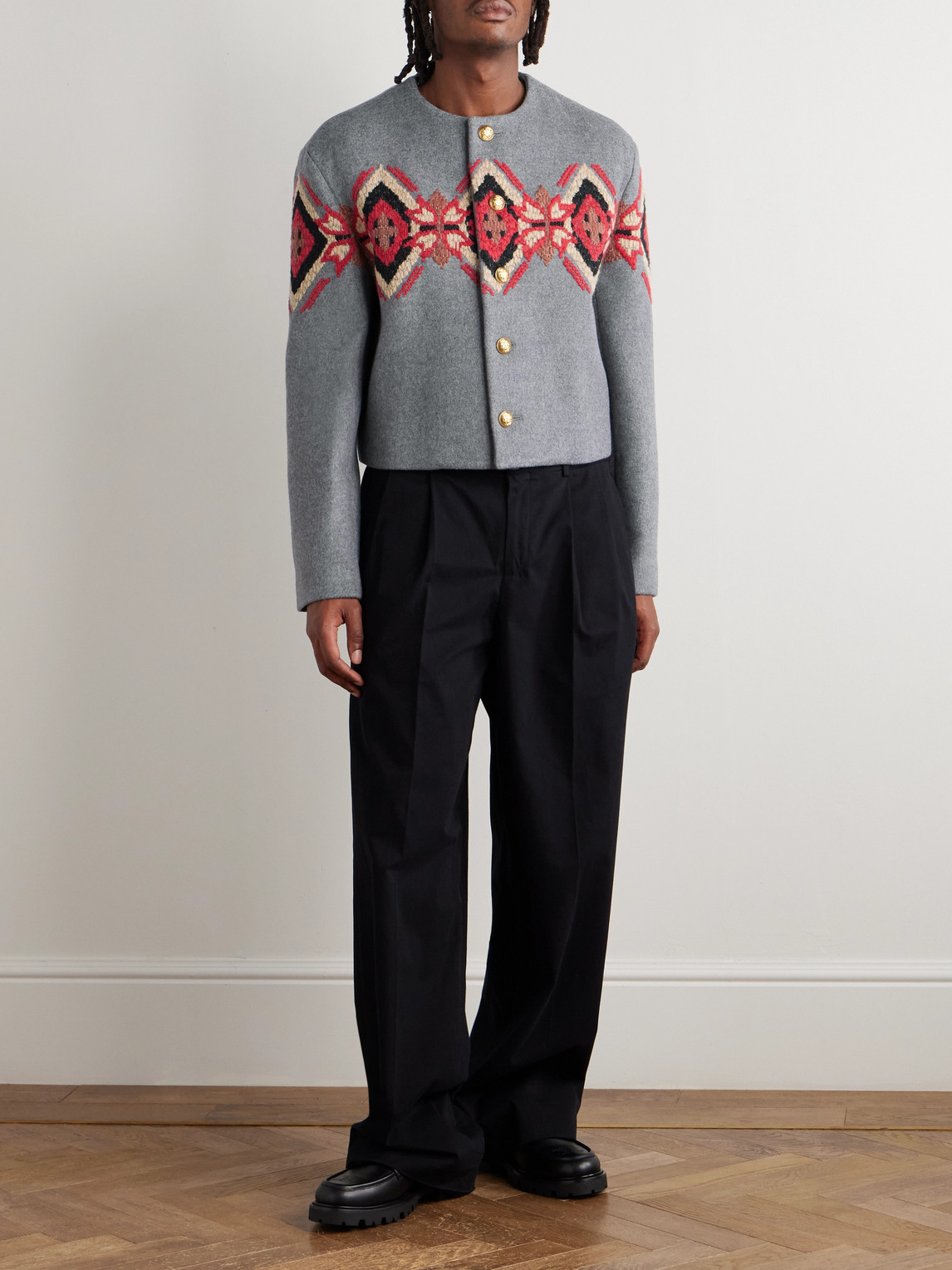 Celine Cropped Embroidered Bead-embellished Cashmere-twill Jacket In Gray