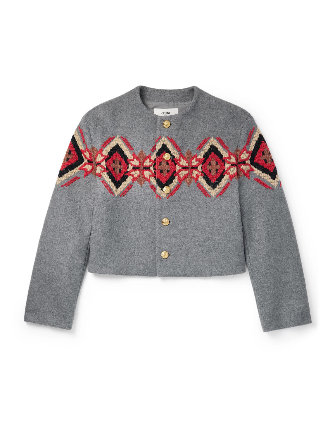 Celine Cropped Embroidered Bead-embellished Cashmere-twill Jacket In Gray