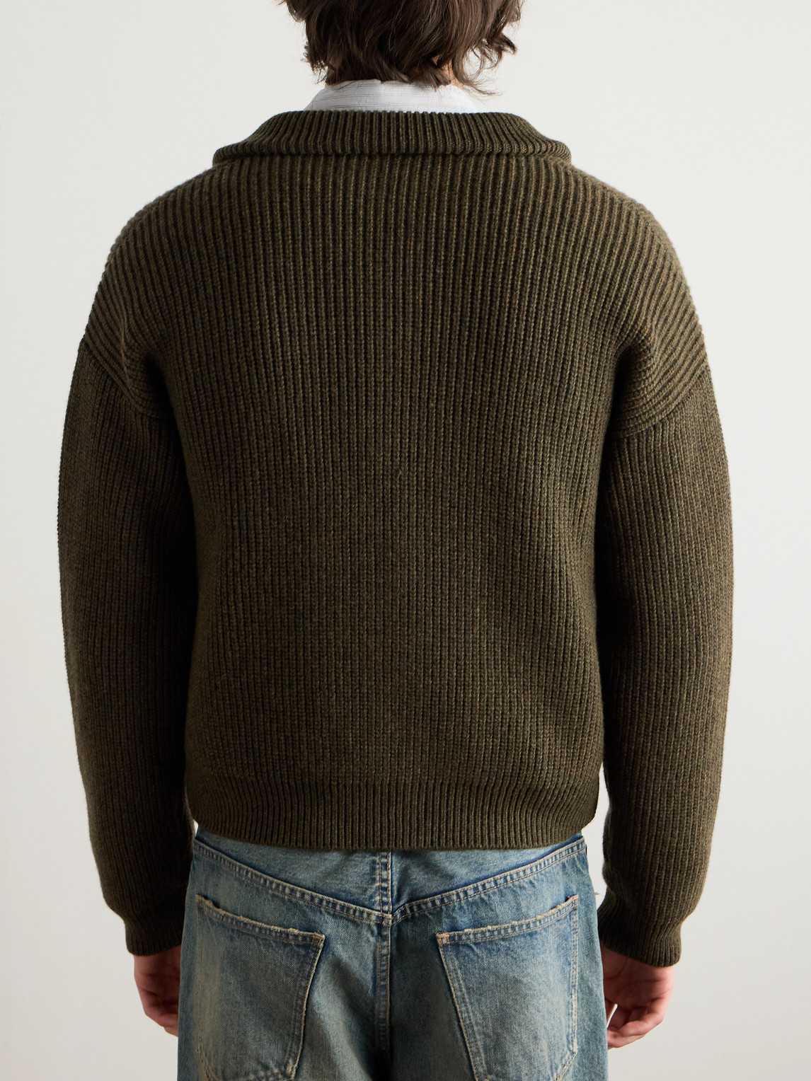 Celine Logo-embroirdered Ribbed Wool Zip-up Cardigan In Green