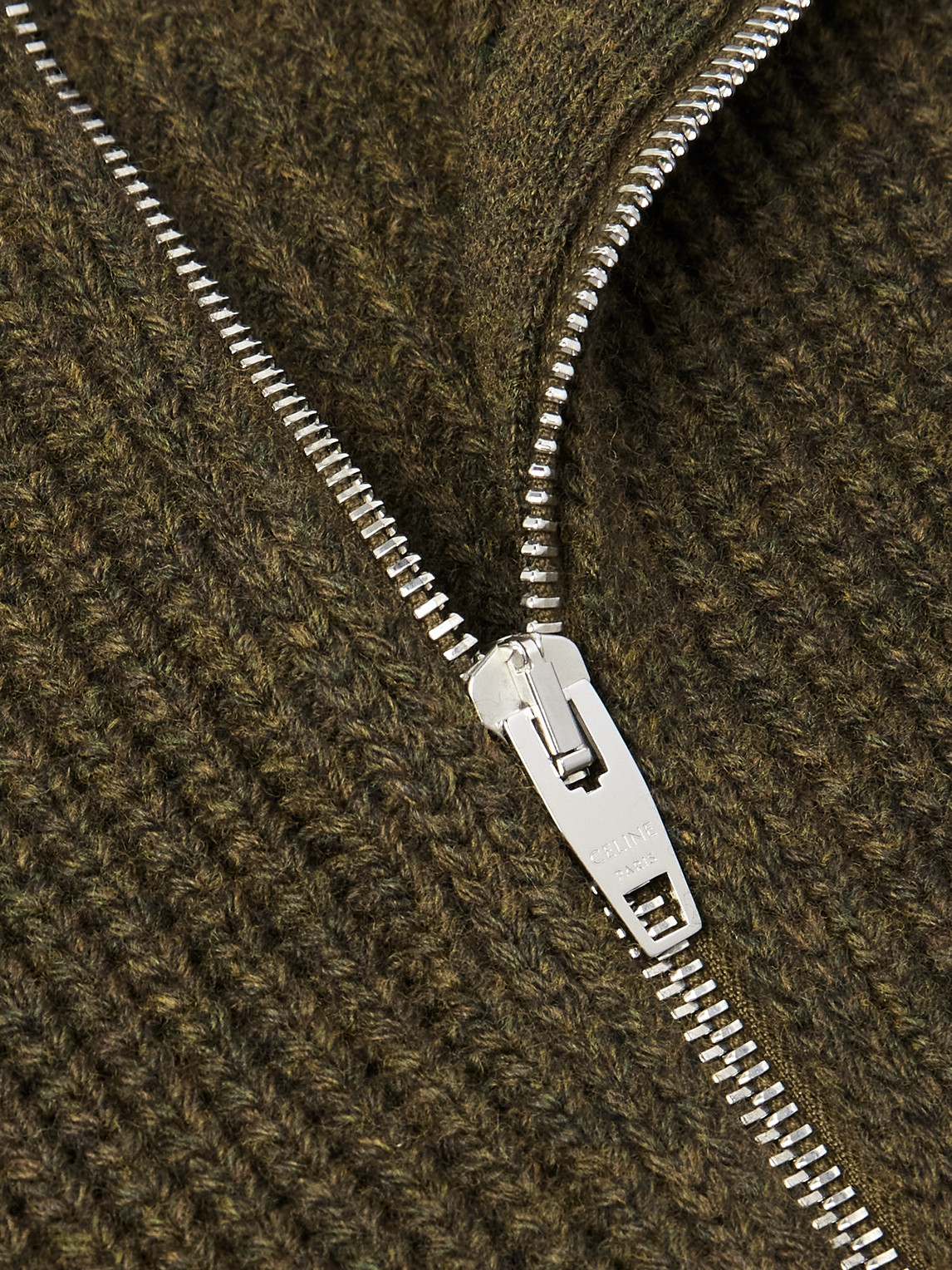 Celine Logo-embroirdered Ribbed Wool Zip-up Cardigan In Green