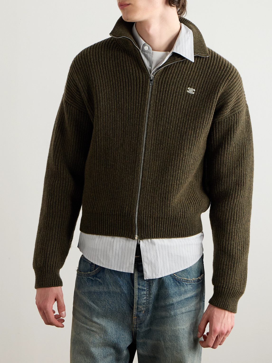 Celine Logo-embroirdered Ribbed Wool Zip-up Cardigan In Green