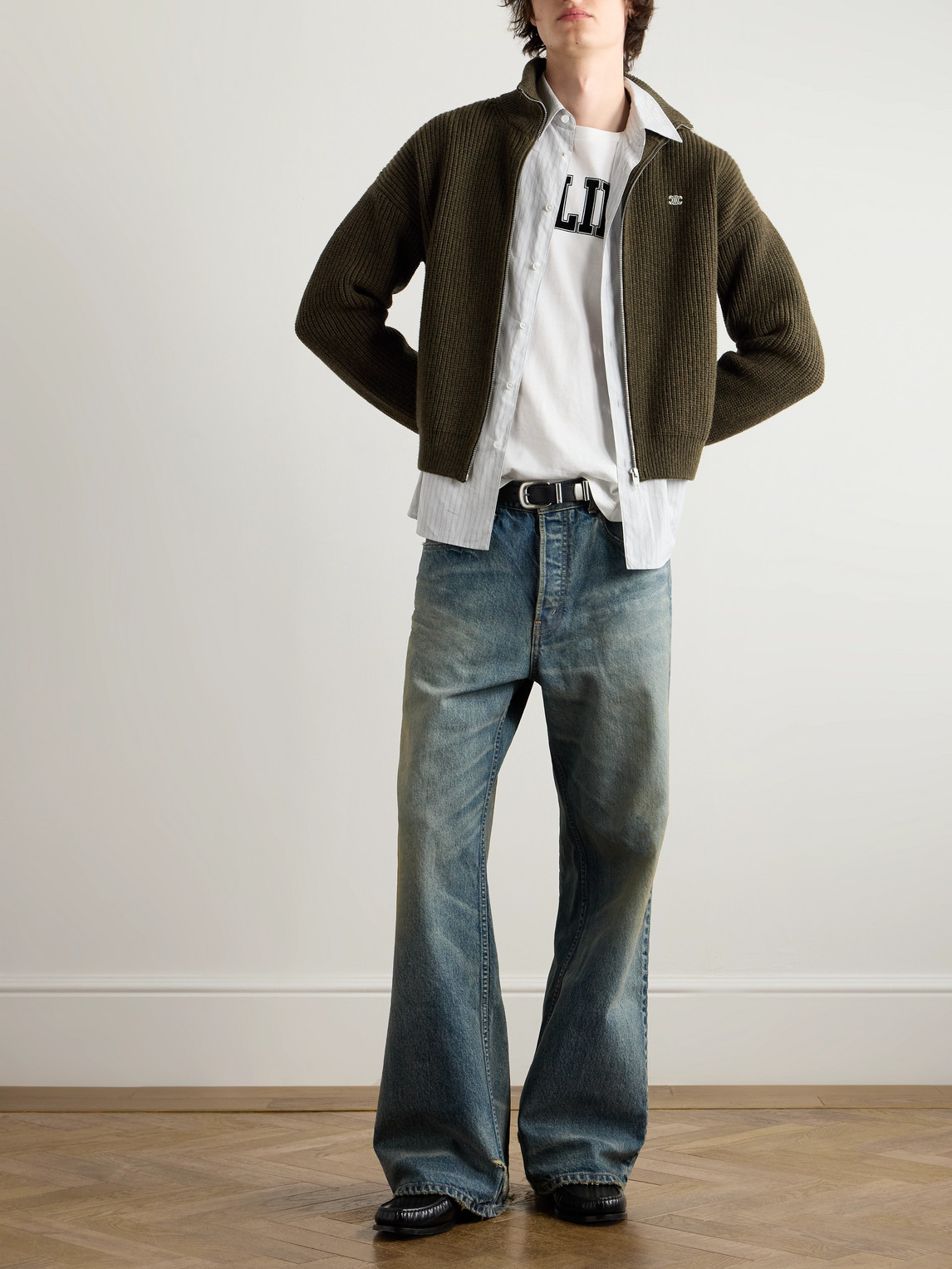 Celine Logo-embroirdered Ribbed Wool Zip-up Cardigan In Green