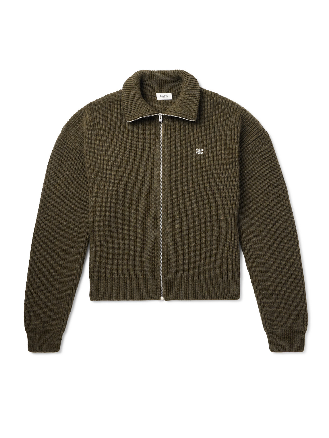 Celine Logo-embroirdered Ribbed Wool Zip-up Cardigan In Green