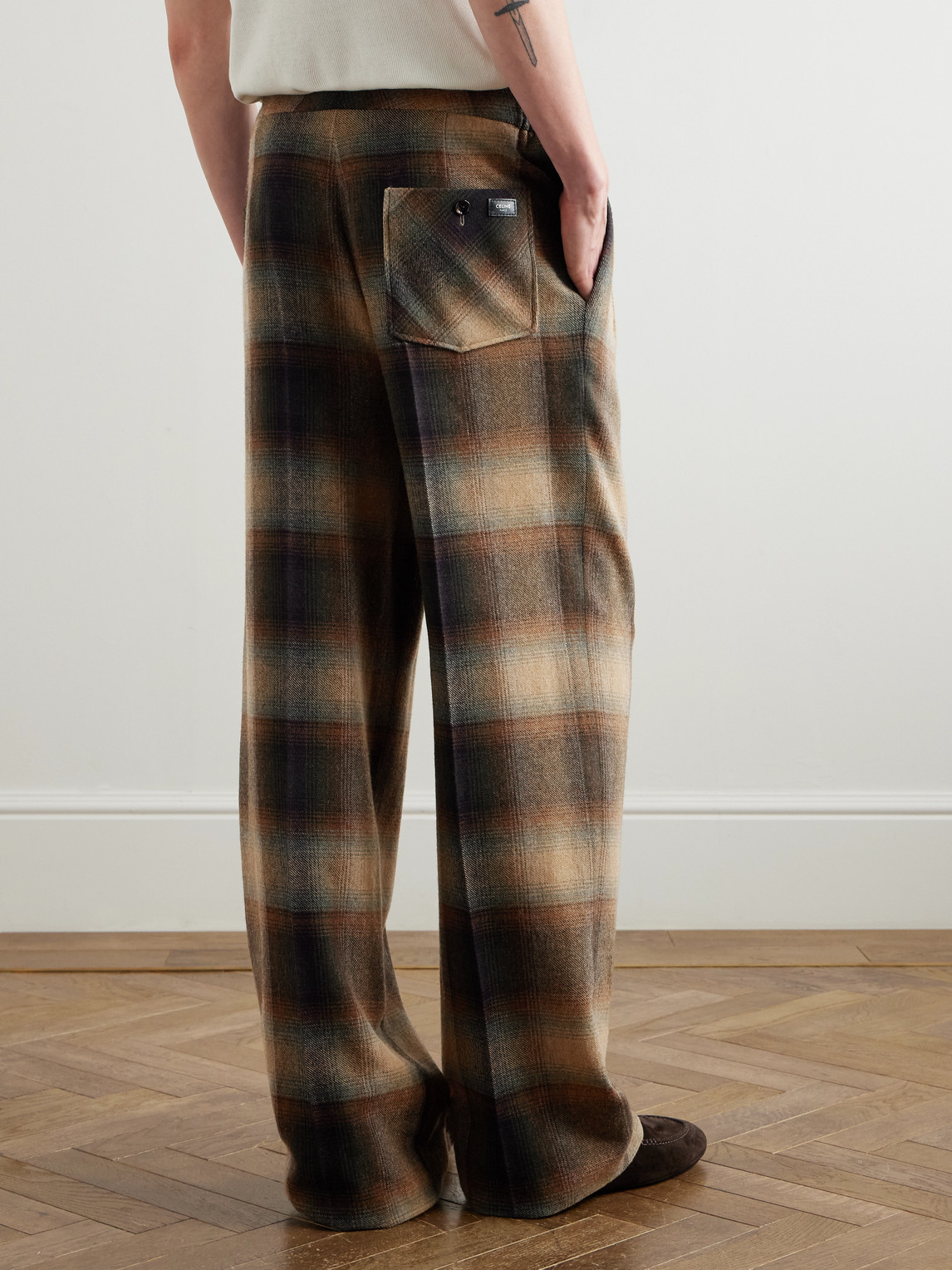 Celine Wide-leg Pleated Checked Wool-flannel Trousers In Brown
