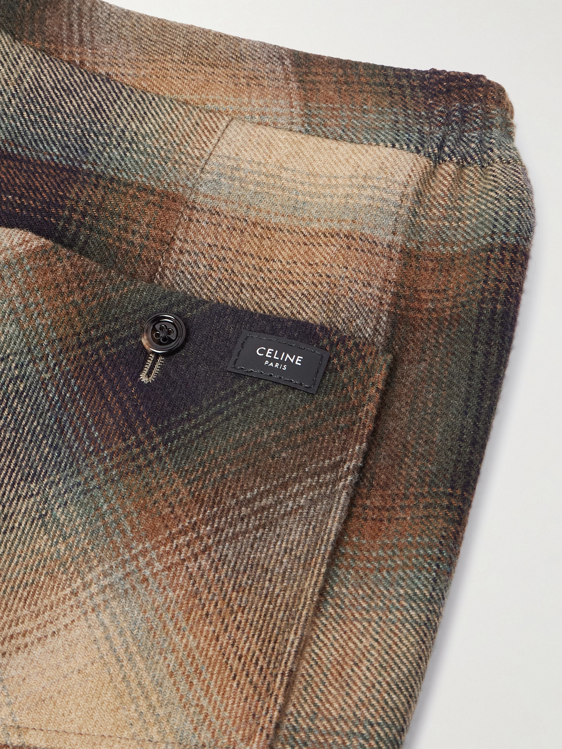 Celine Wide-leg Pleated Checked Wool-flannel Trousers In Brown