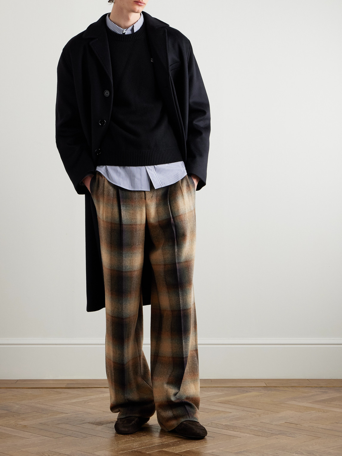 Celine Wide-leg Pleated Checked Wool-flannel Trousers In Brown
