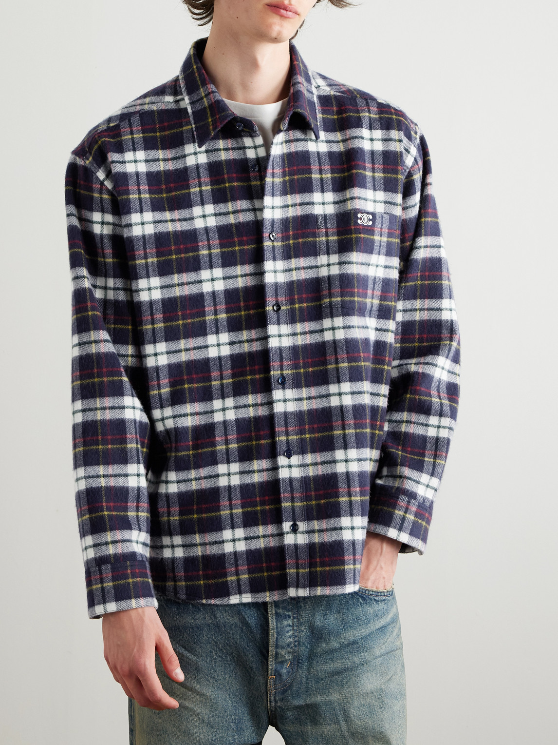 Celine Logo-embroidered Checked Wool-flannel Shirt In Multi
